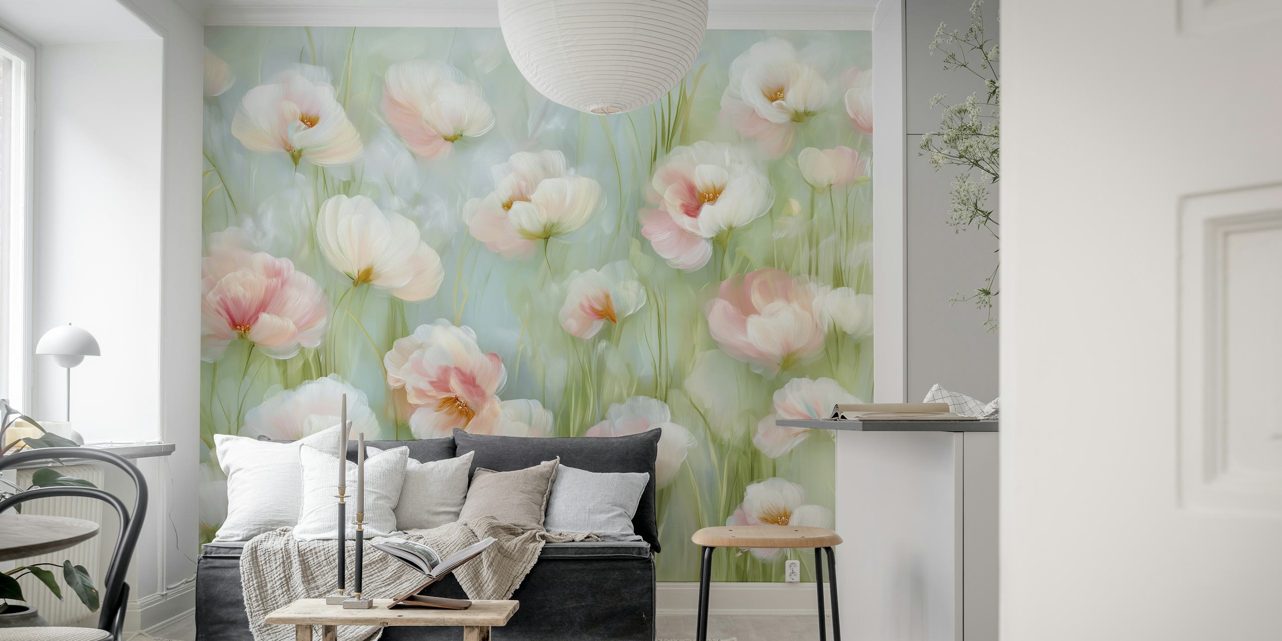 Soft Bloom Poppy Flower Field Tapete in einem Raum