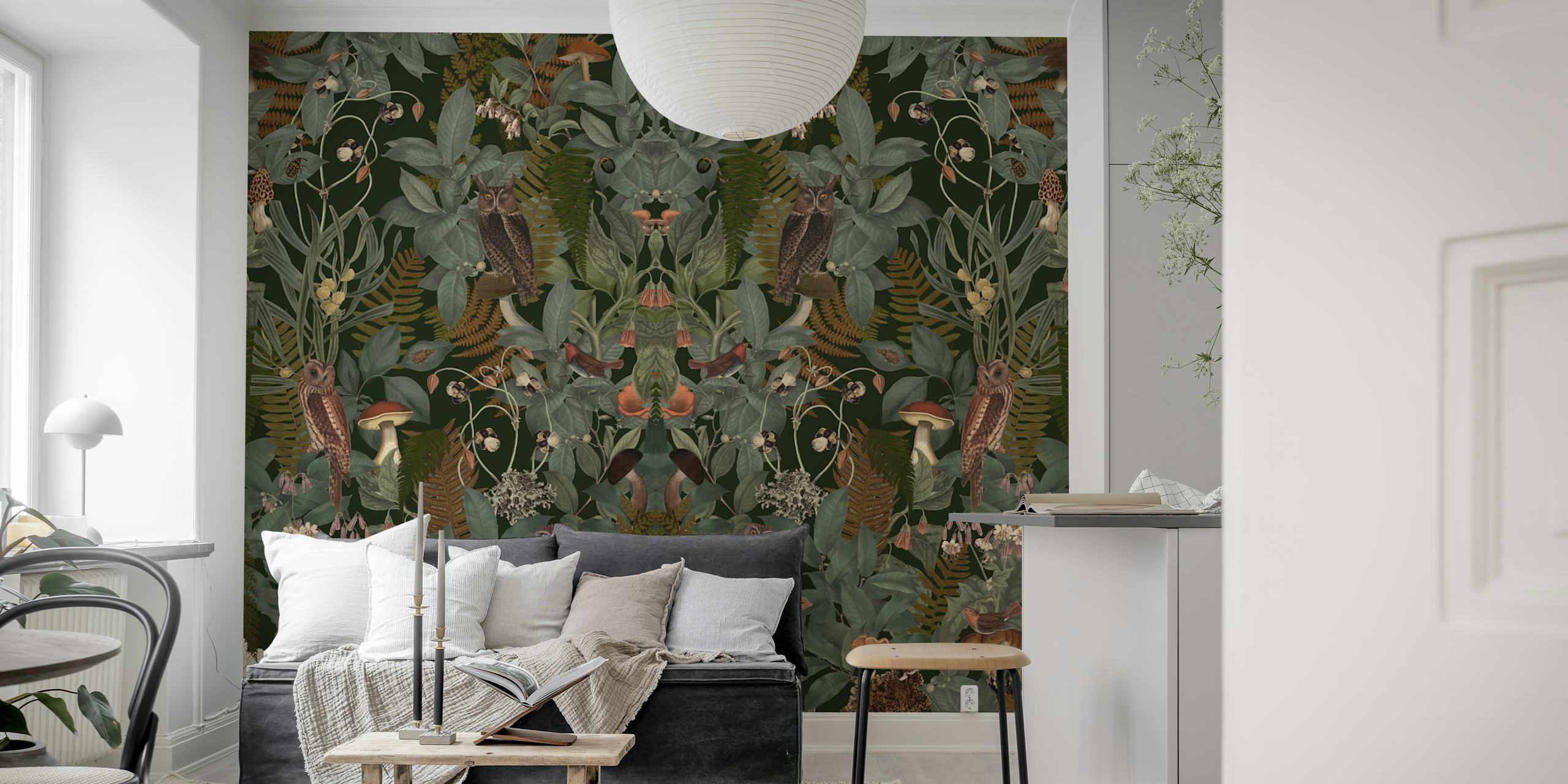 Owls, greenery, and mushrooms in a dark forest wallpaper