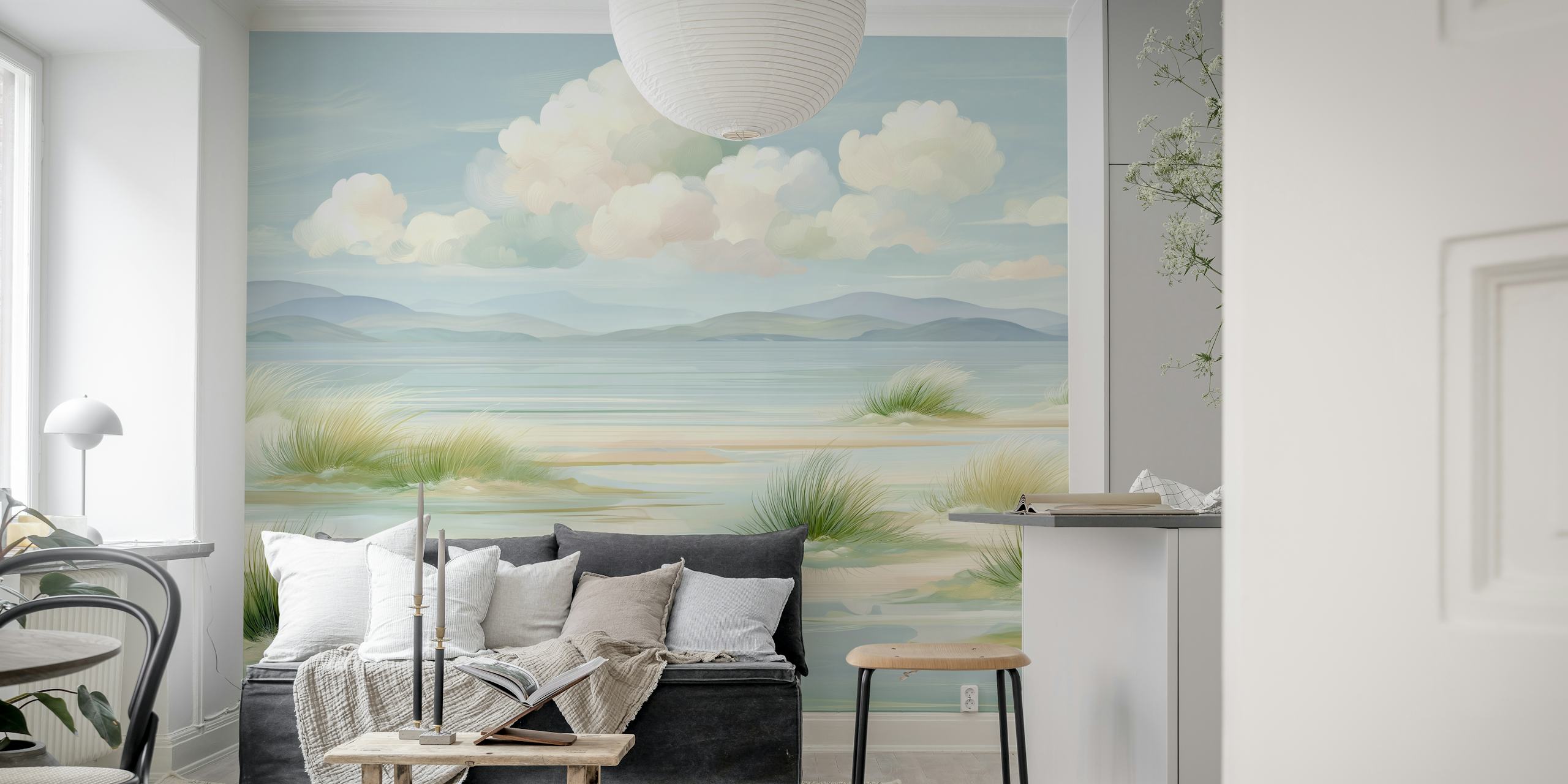 Pastel seascape wallpaper in a room