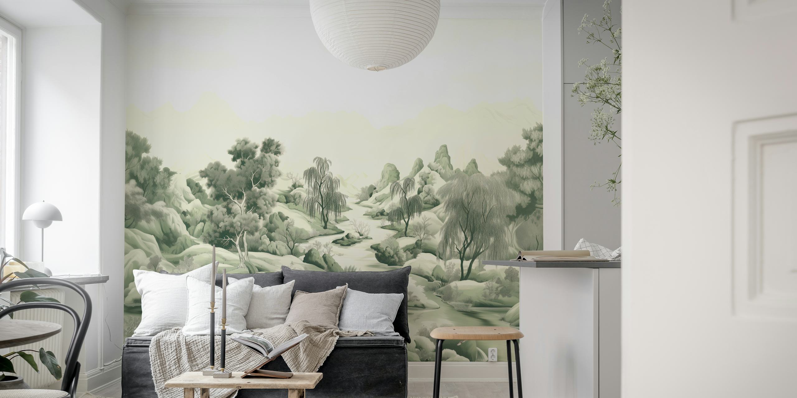 Lush river valley landscape with greenery and mountains wallpaper