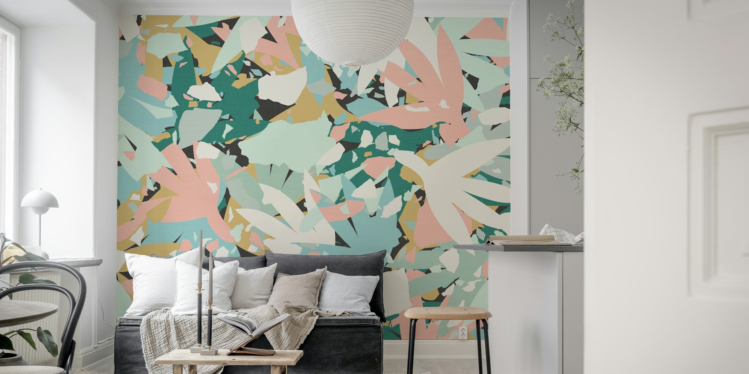 Abstract Pastel Leaves Wallpaper i ett rum