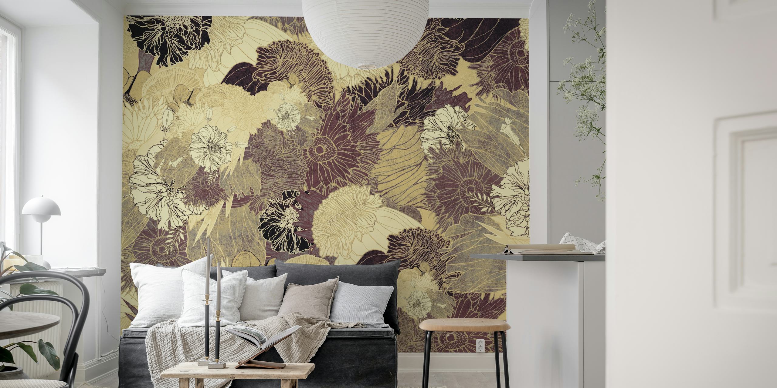 Beige and brown floral wallpaper with intricate designs
