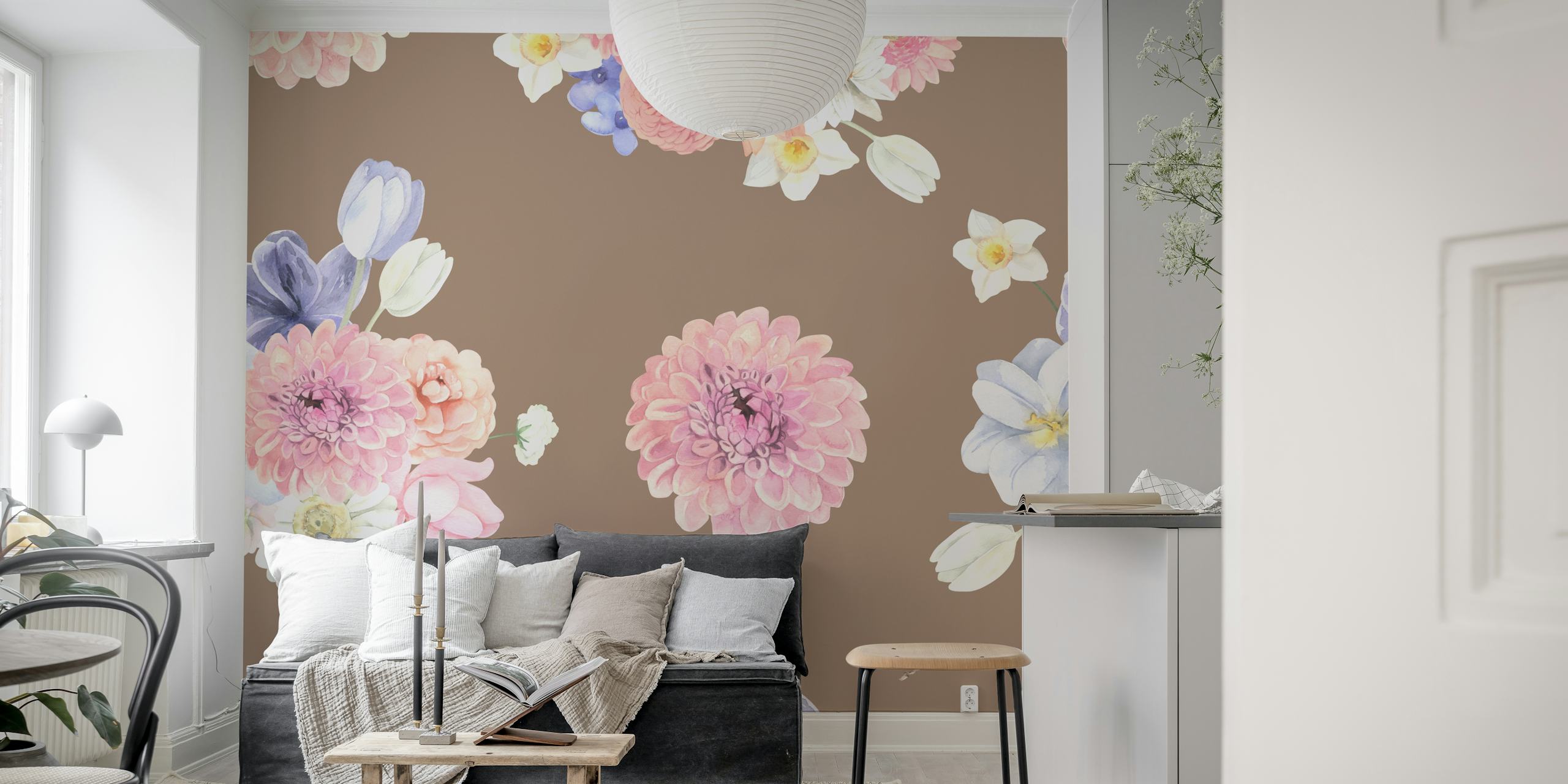 Pink and purple floral wallpaper featuring dahlias and wildflowers on brown background
