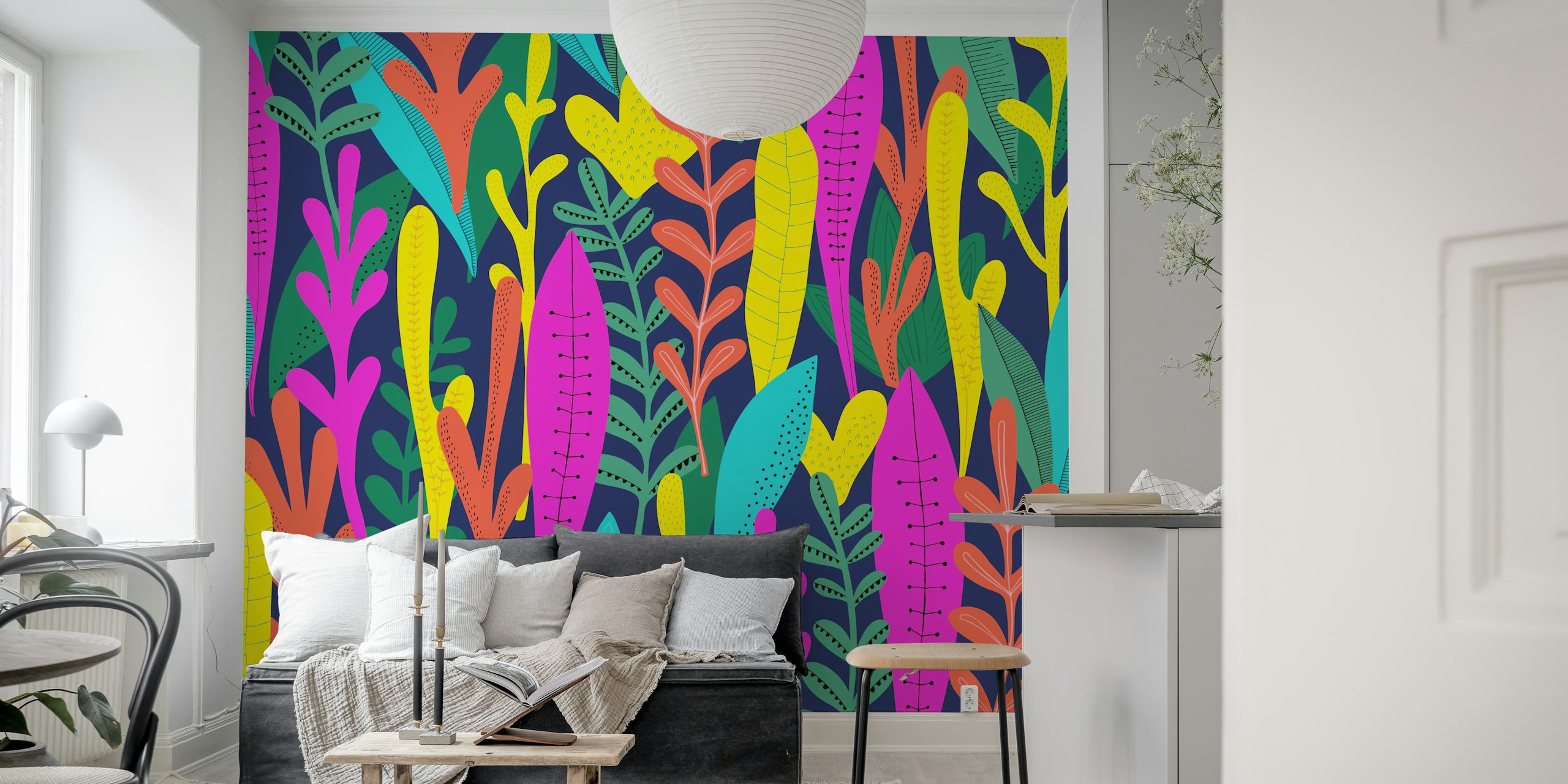 Colorful jungle wallpaper in a room