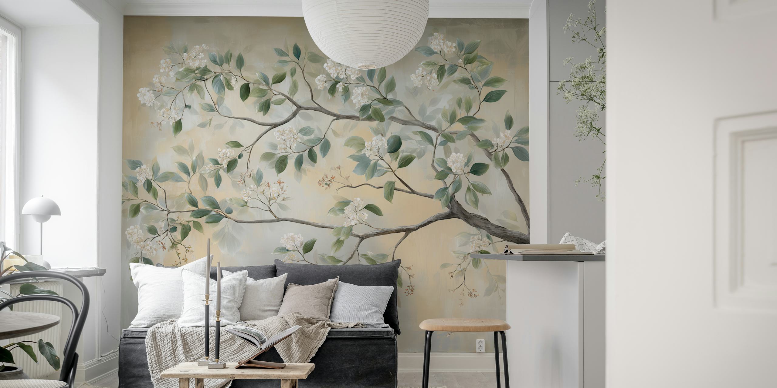 Floral branch design with green leaves and white flowers wallpaper