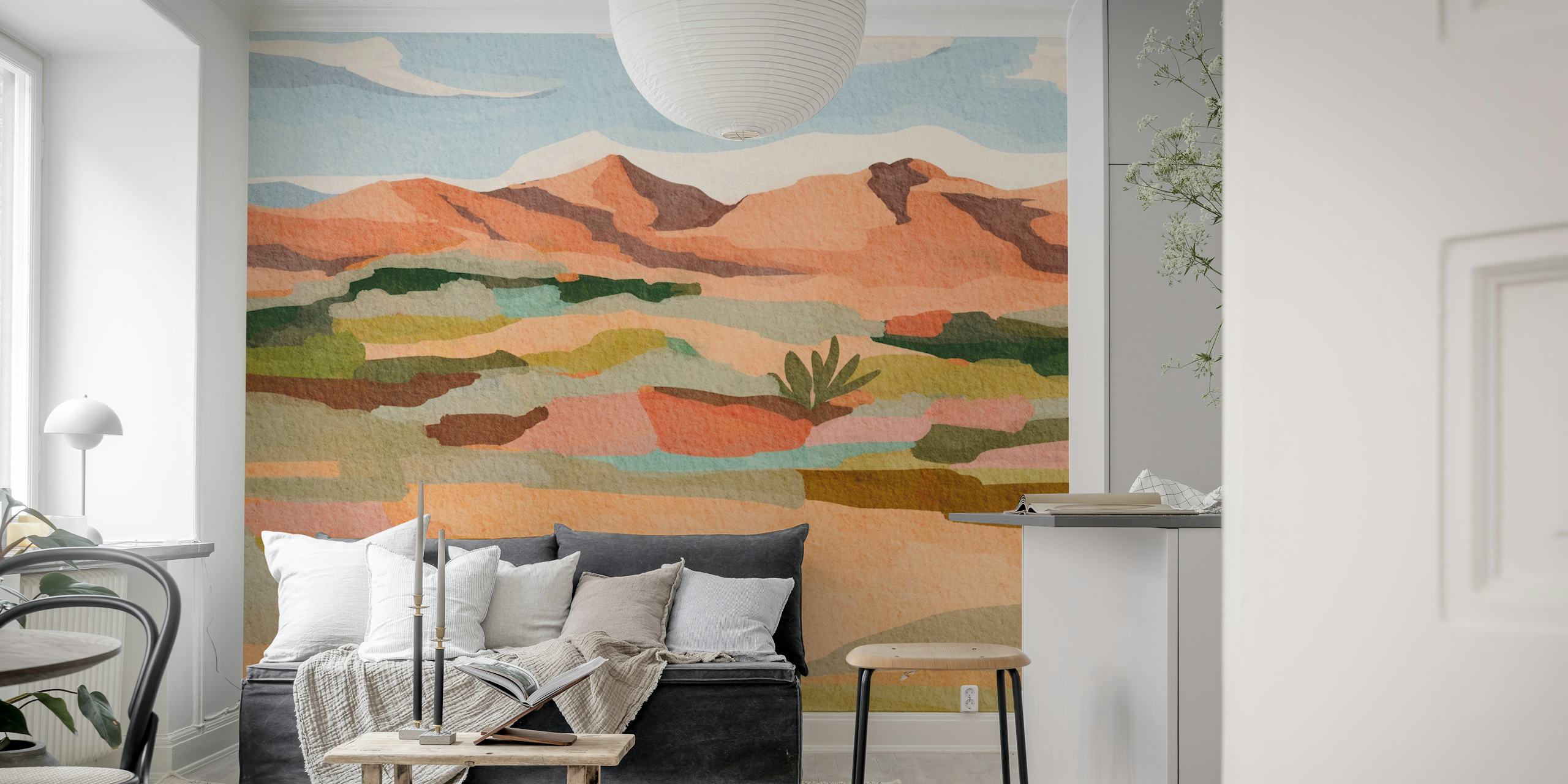 Desert landscape with soft colors and abstract shapes wallpaper