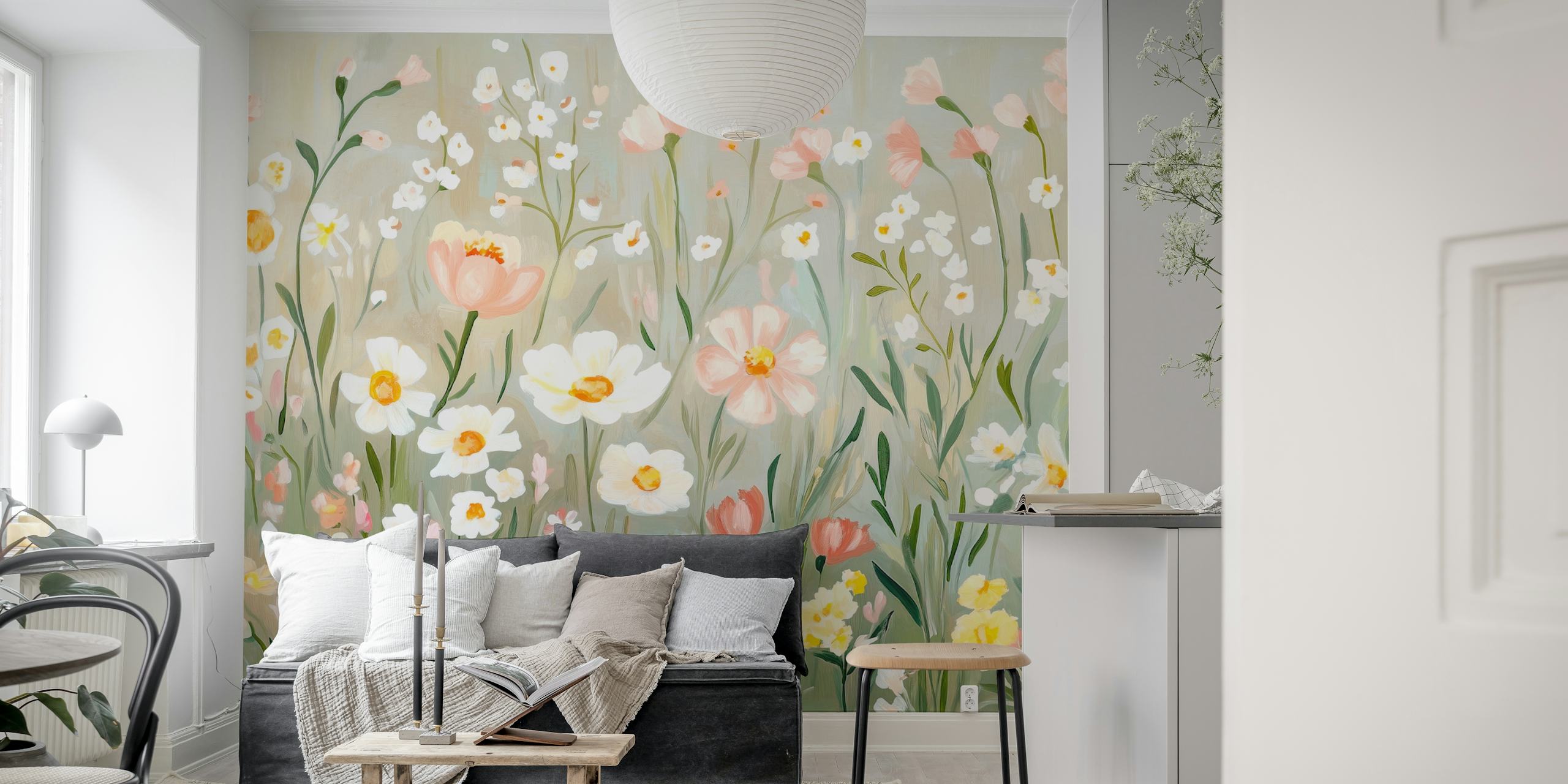 Papel pintado Pastel Spring Meadow Blossoms en una habitación