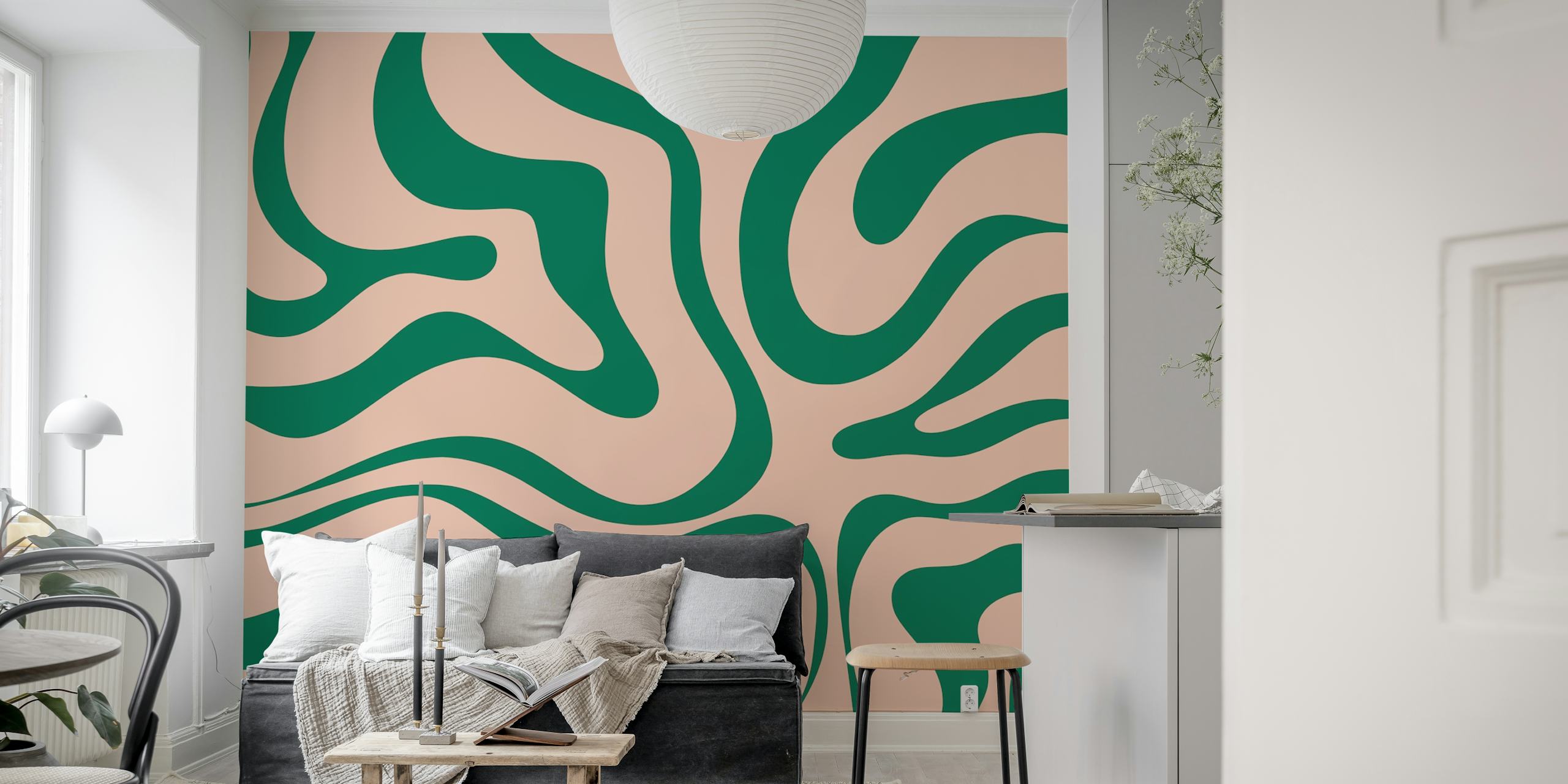 Abstract flowing swirls in green and blush colors wallpaper