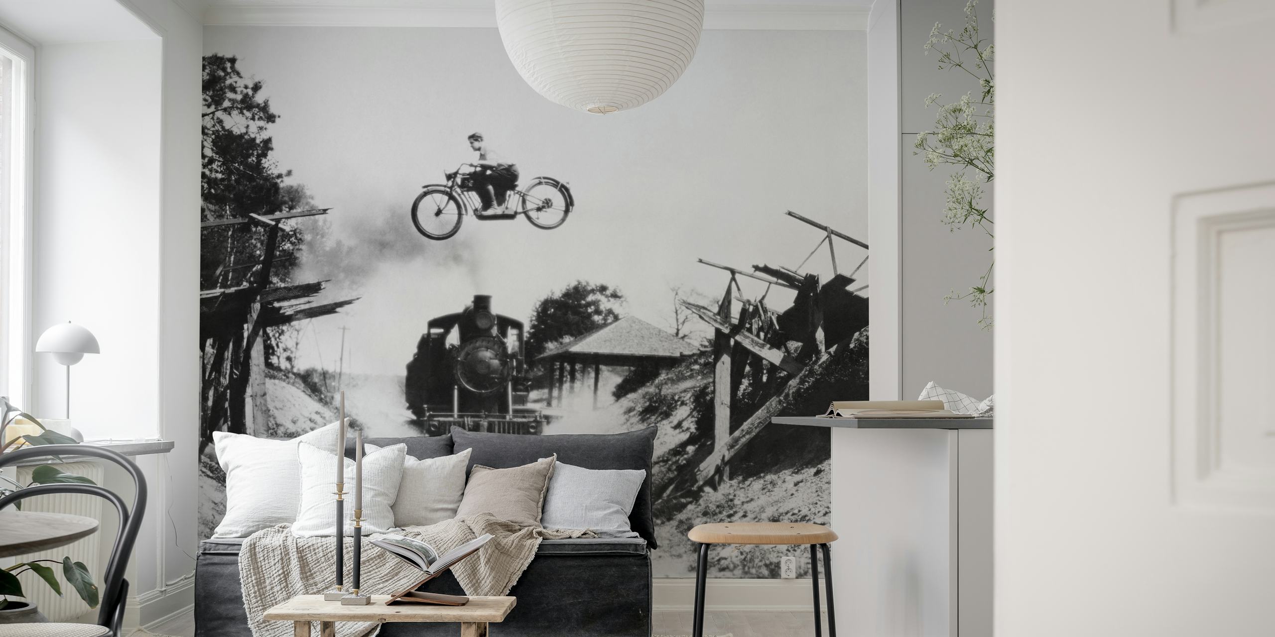 Vintage black and white motorcycle jump above a train wallpaper