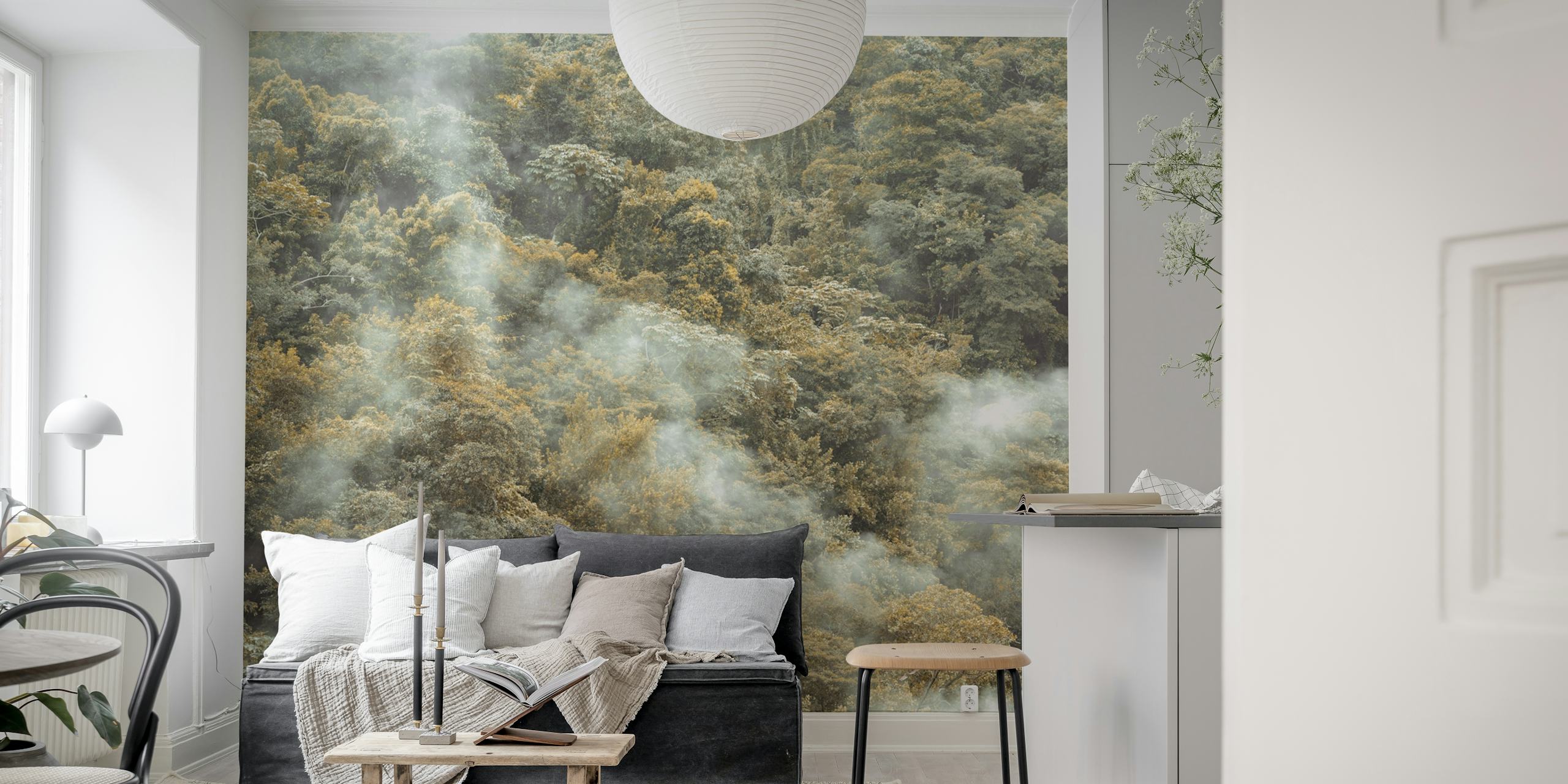 Misty forest canopy wallpaper in a room