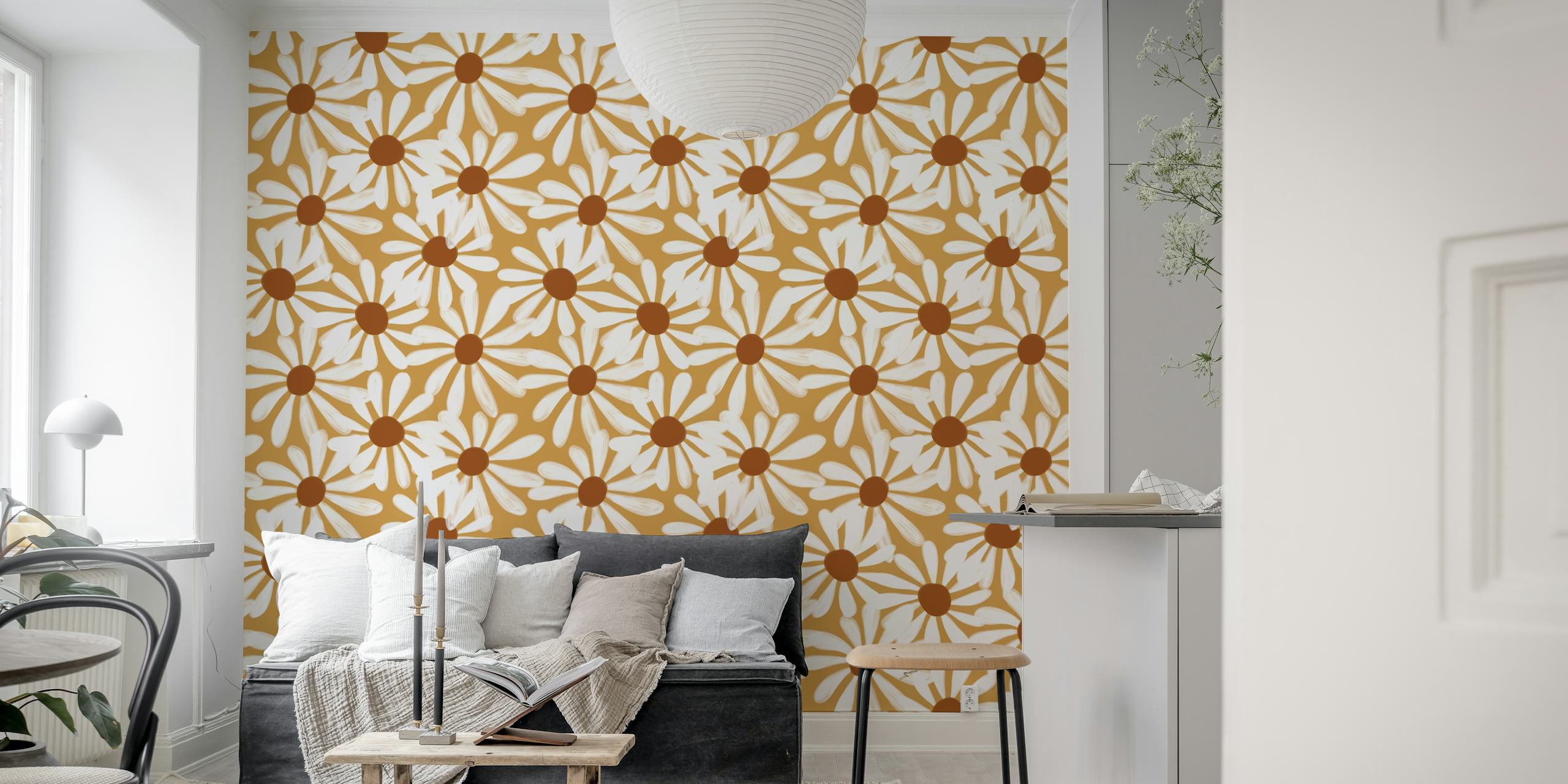 Daisy pattern in white and brown on a yellow background wallpaper