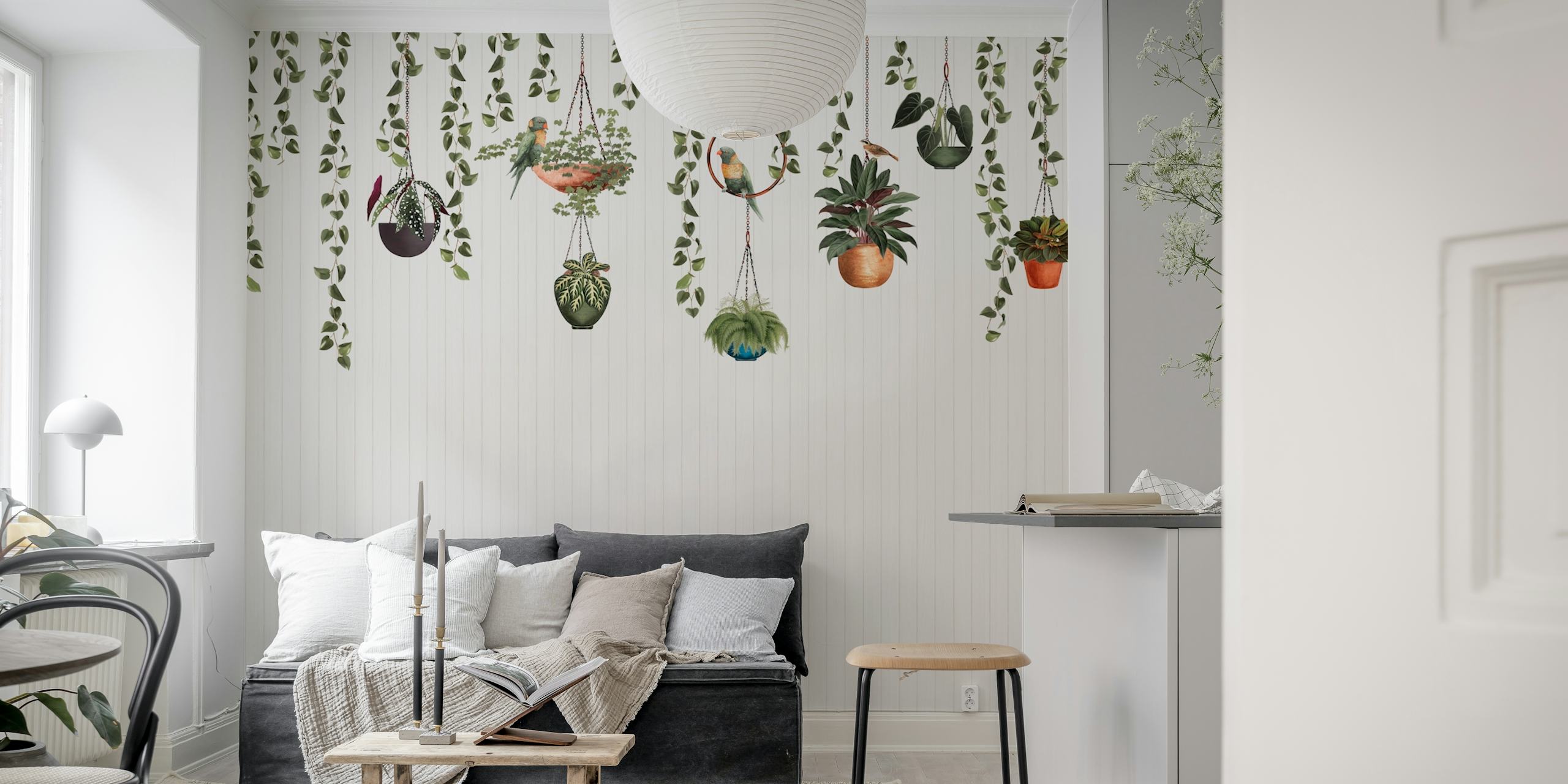 Wallpaper featuring lorikeets and hanging plants