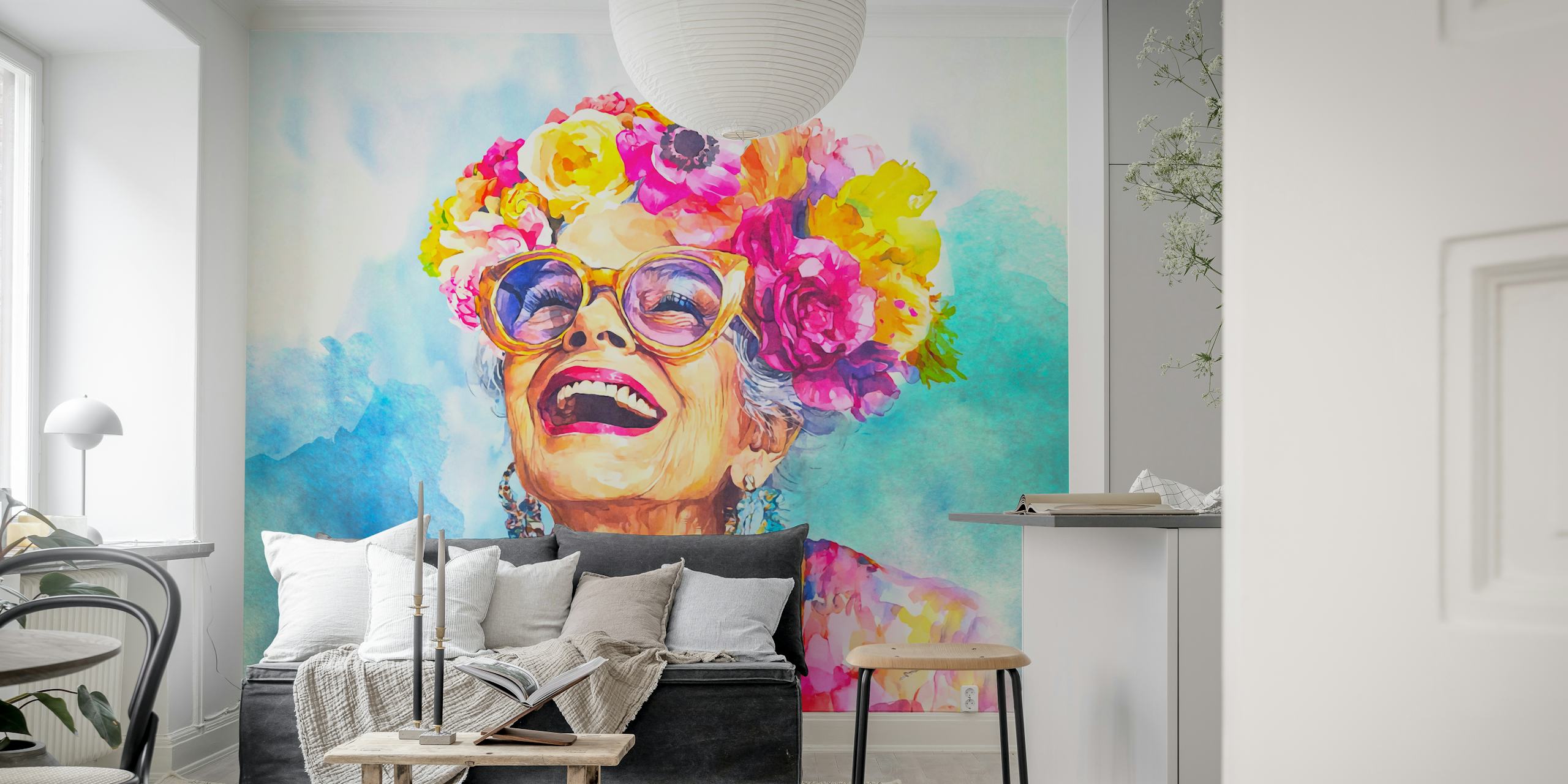 Colorful floral portrait of a smiling woman with glasses wallpaper