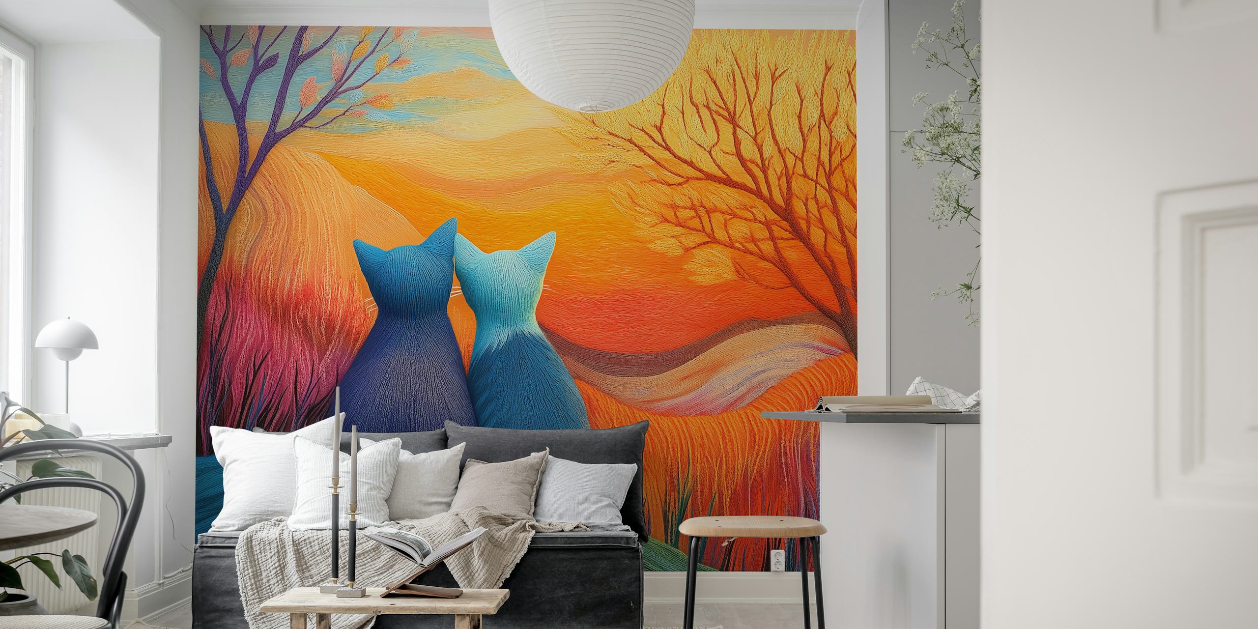 Sunset Cat Companions wallpaper in a room