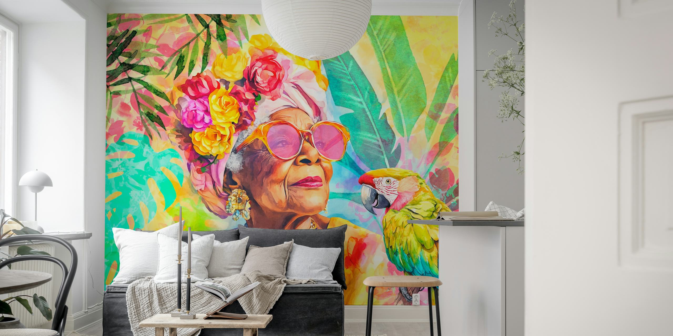 Tropical floral wallpaper featuring a woman with flowers and a parrot