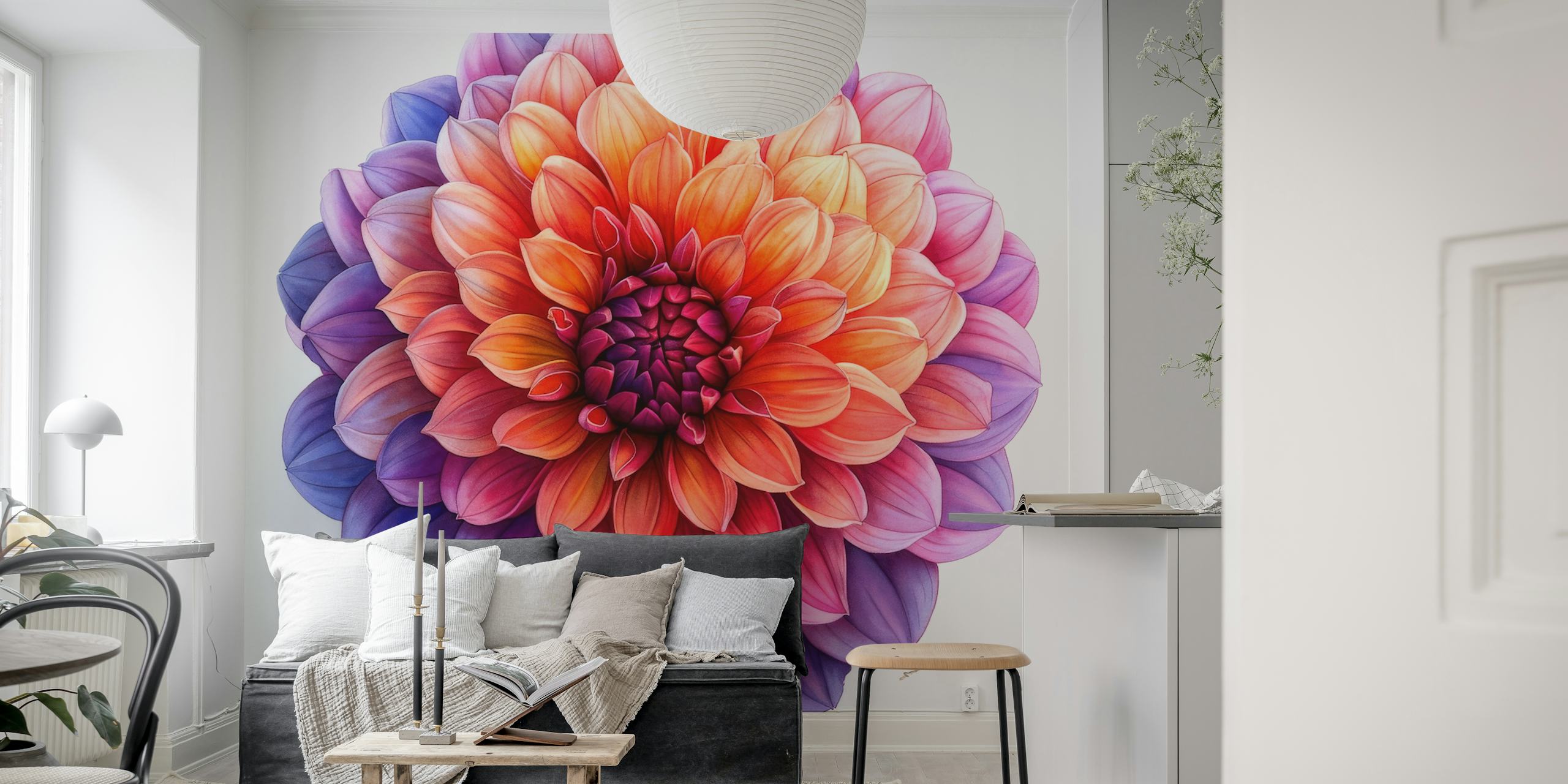 Colorful dahlia flower design in orange and purple tones wallpaper