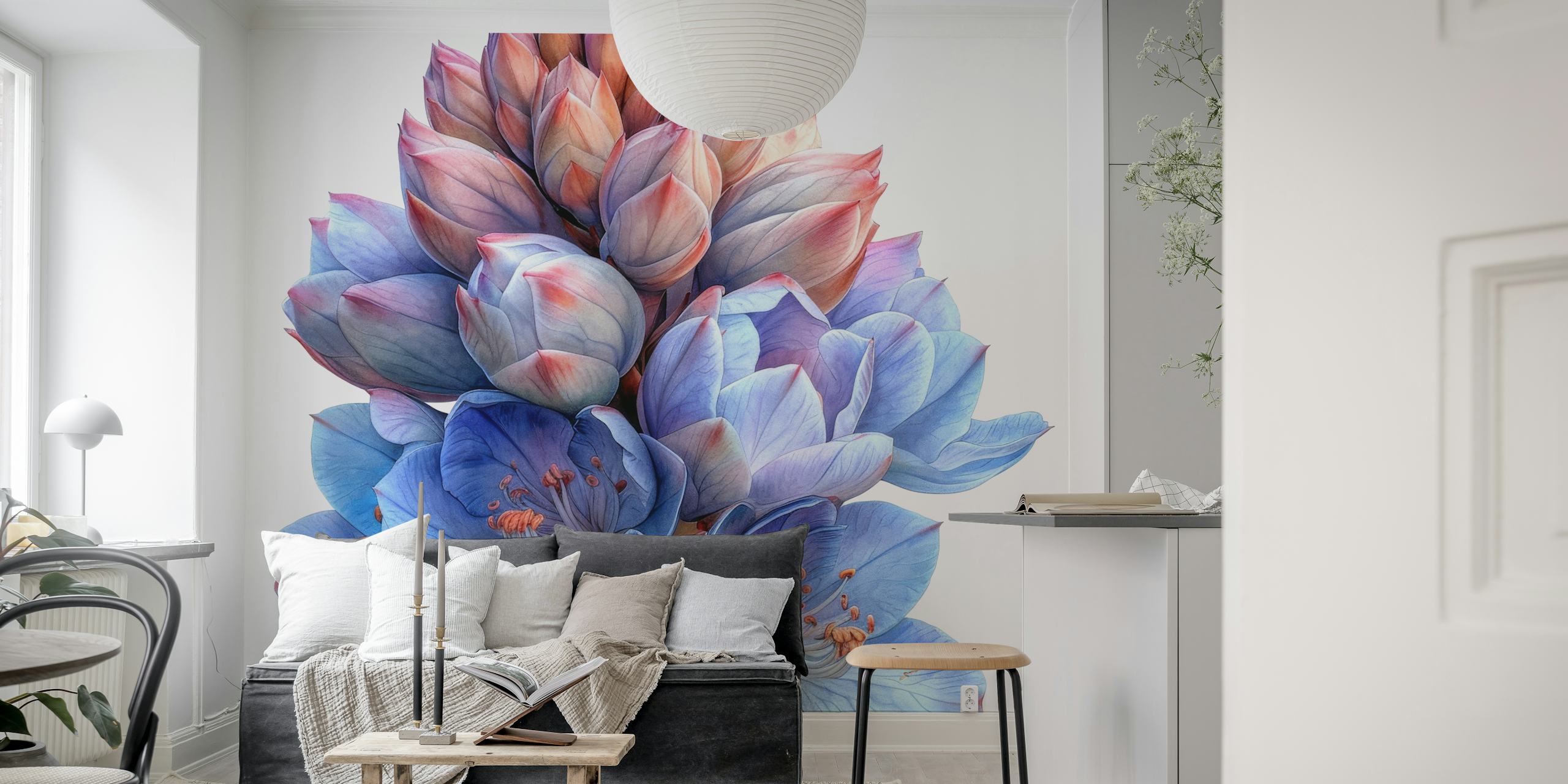 Yucca blooms in soft blue and pink hues, floral wallpaper