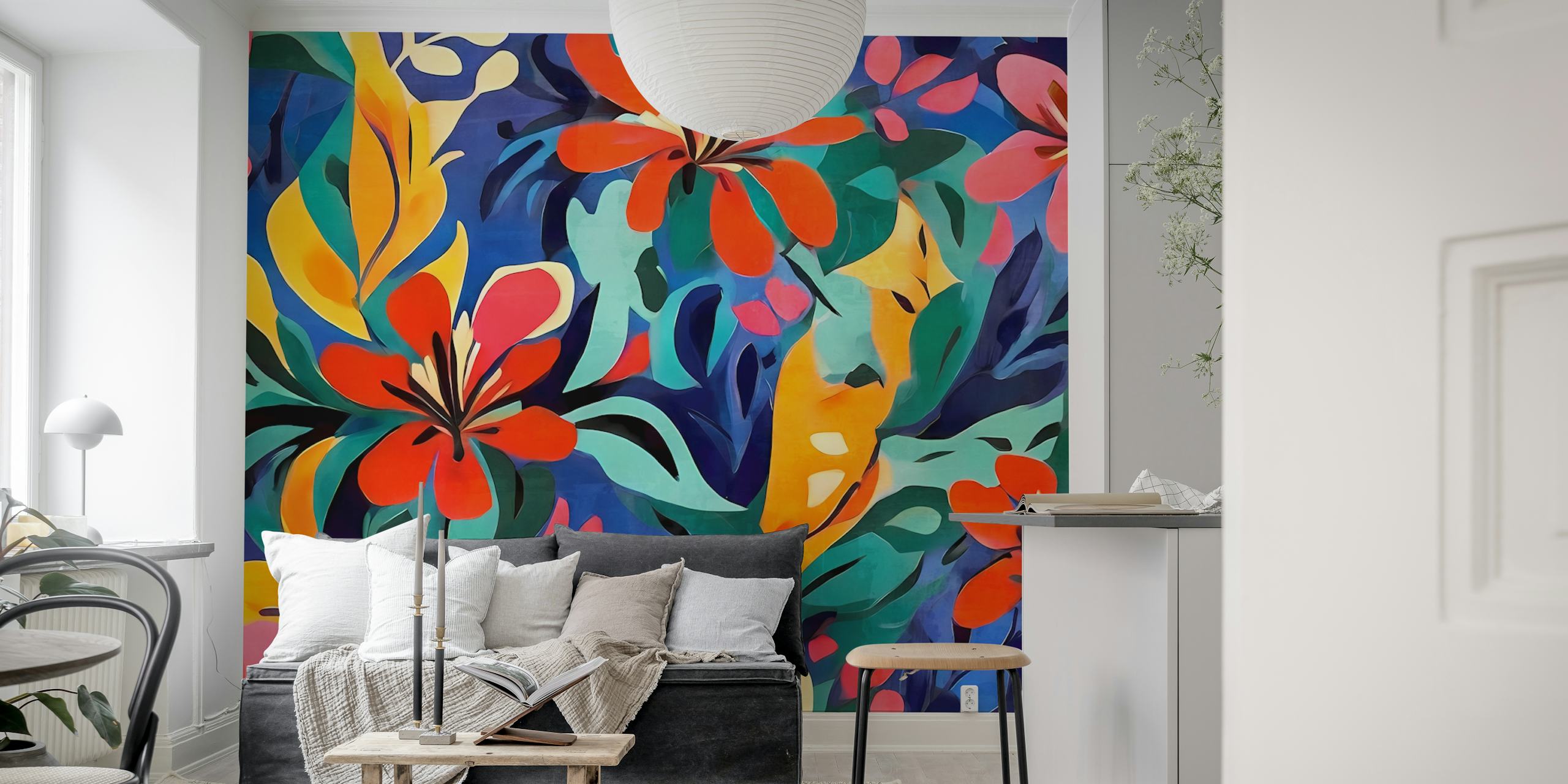 Vibrant tropical foliage wallpaper in a room