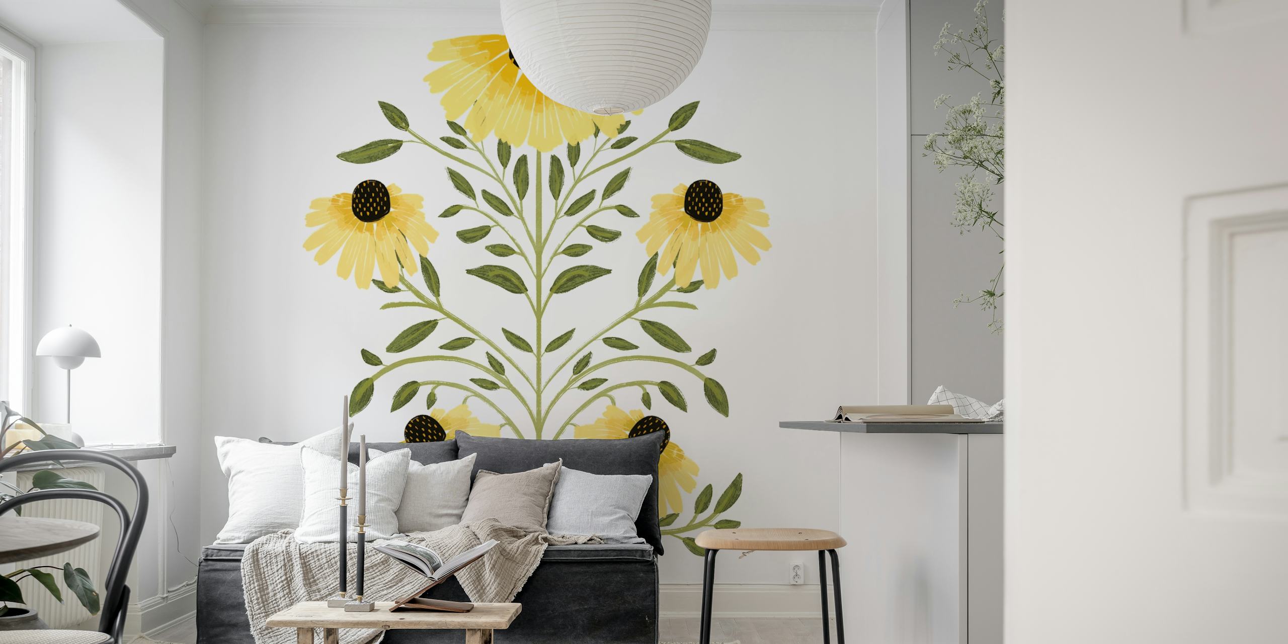 Yellow floral design wallpaper with green leaves