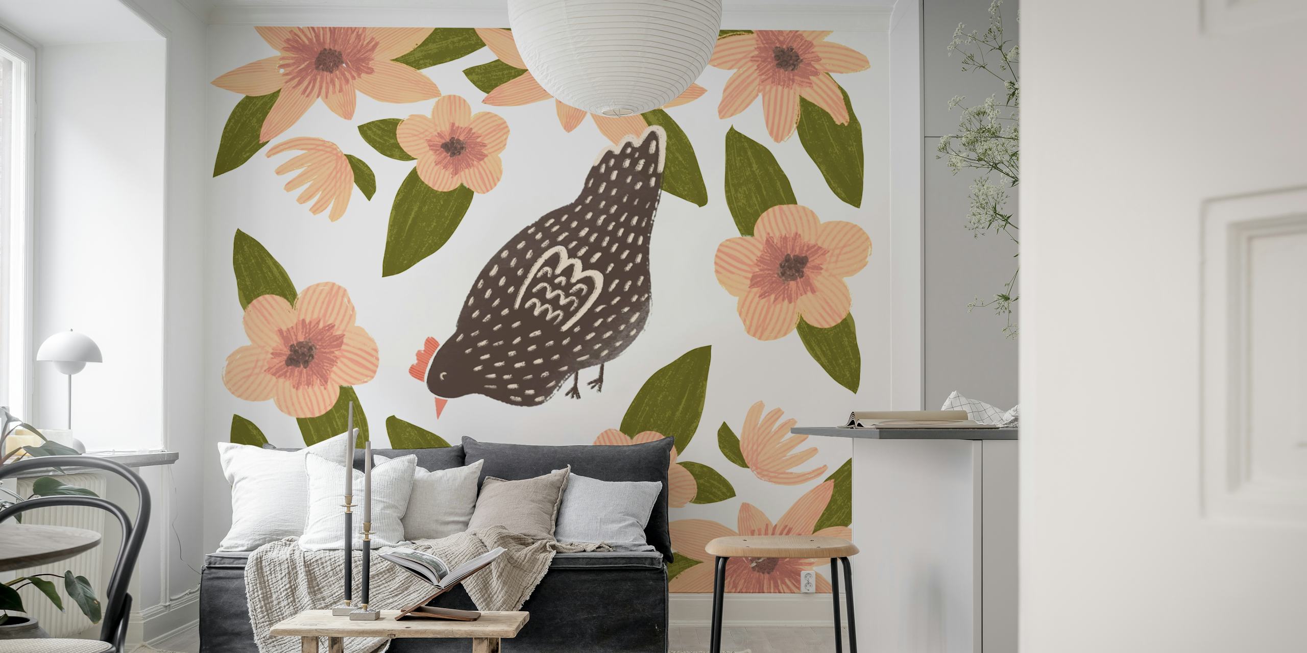 Charming Chicken Florals Tapete in einem Raum