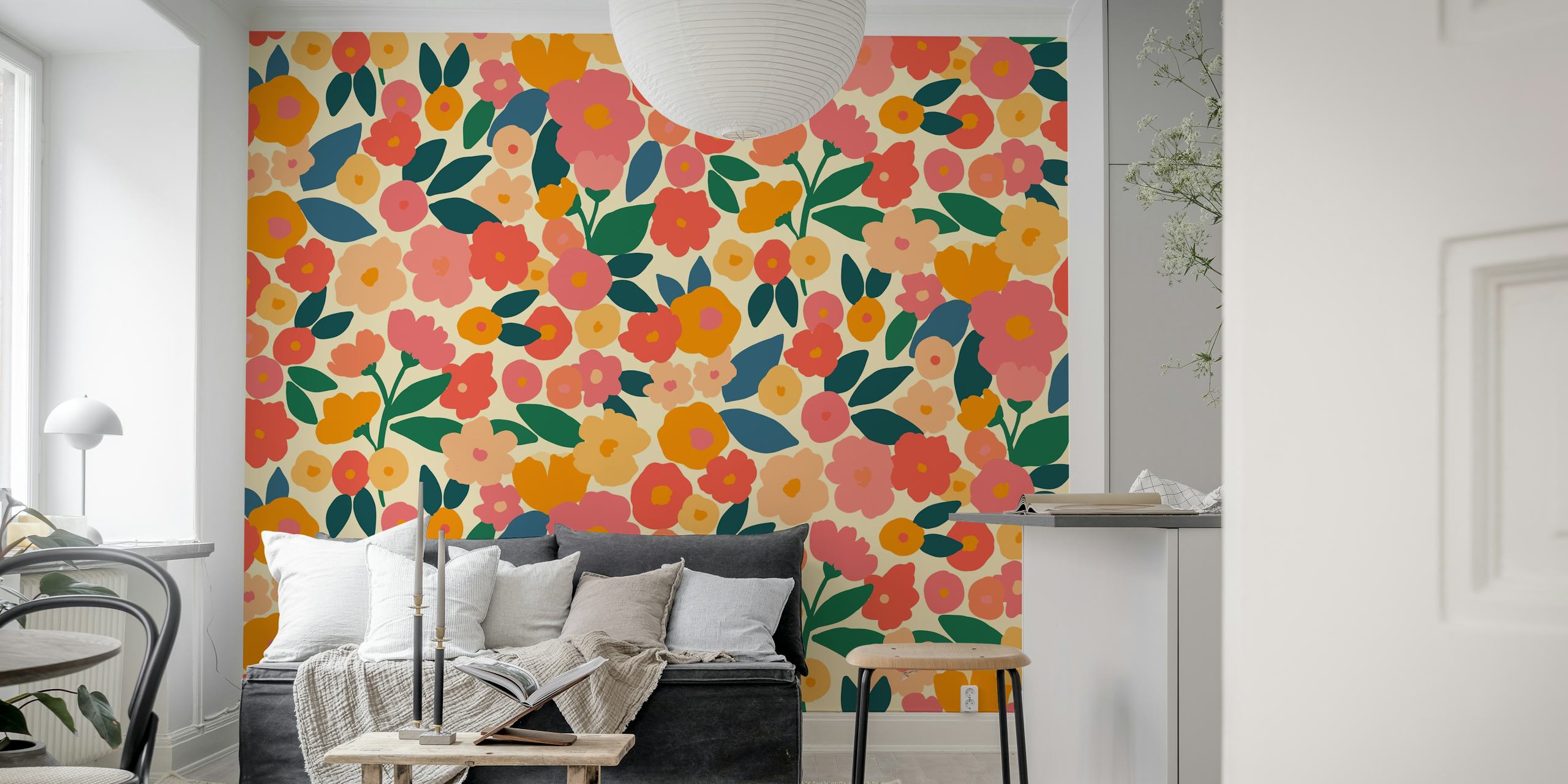 Colorful flowers with green leaves on peach background wallpaper
