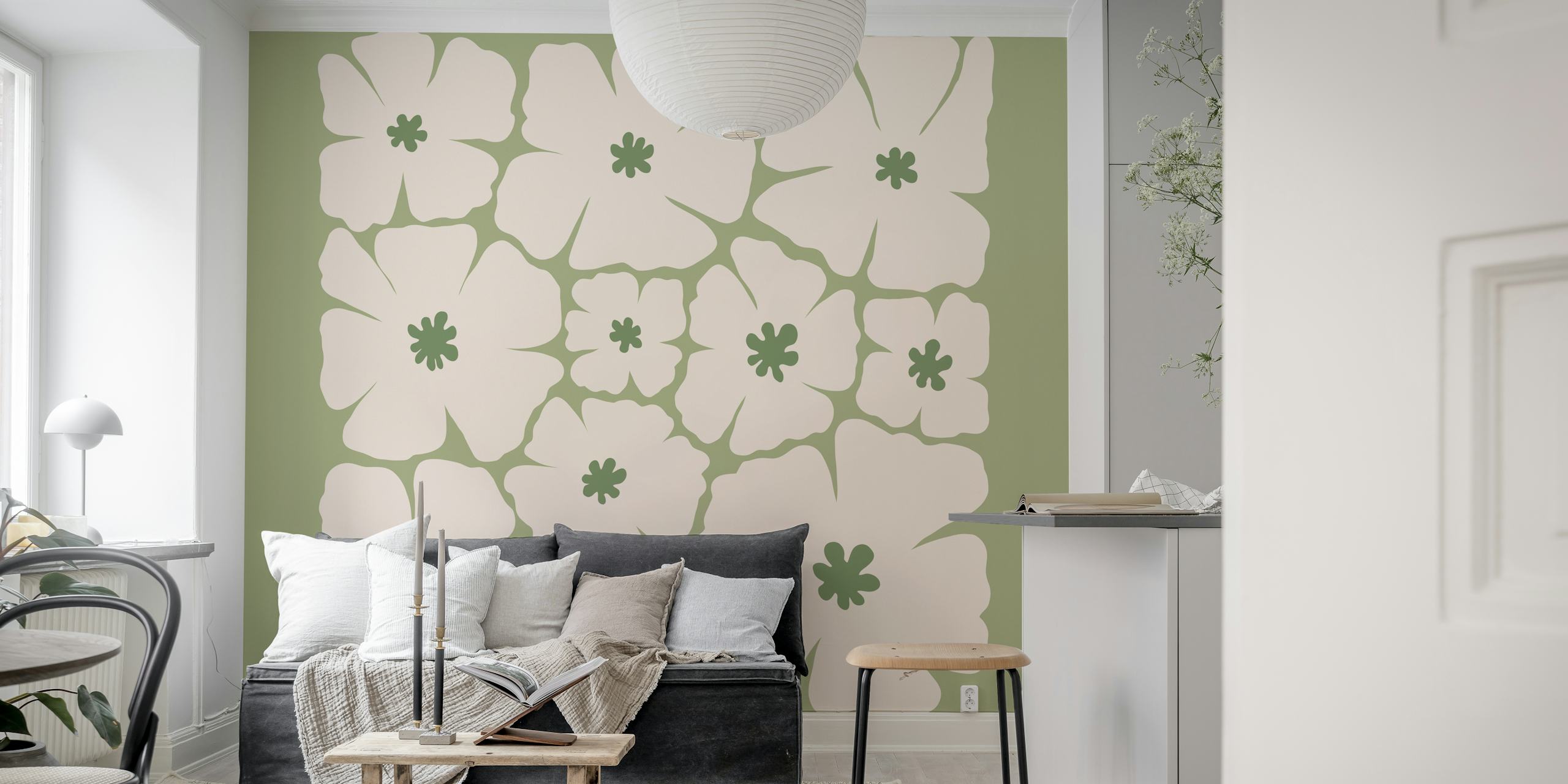 Ivory floral wallpaper on sage green background