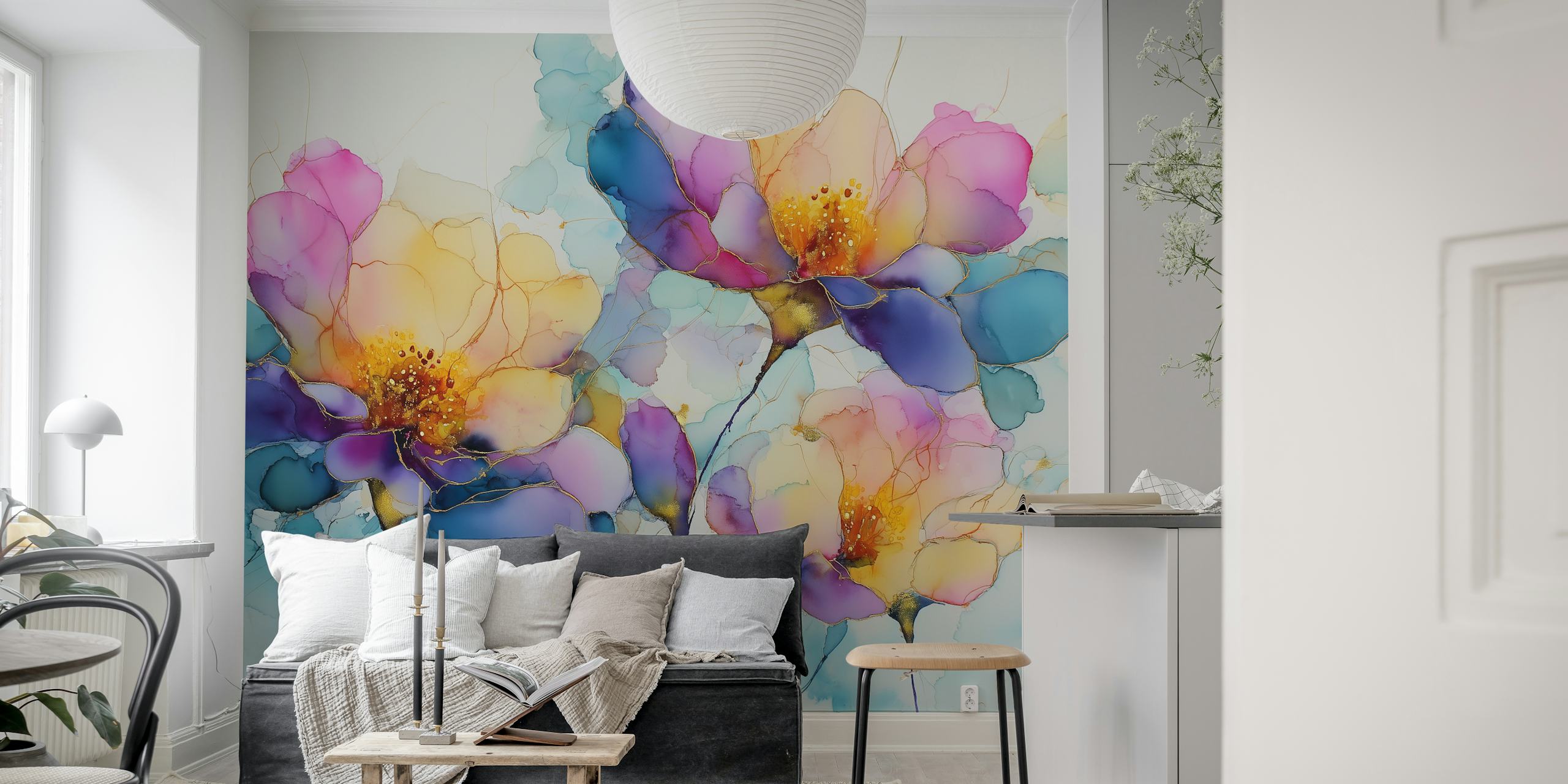Colorful ink floral design featuring pink, purple, and yellow flowers wallpaper