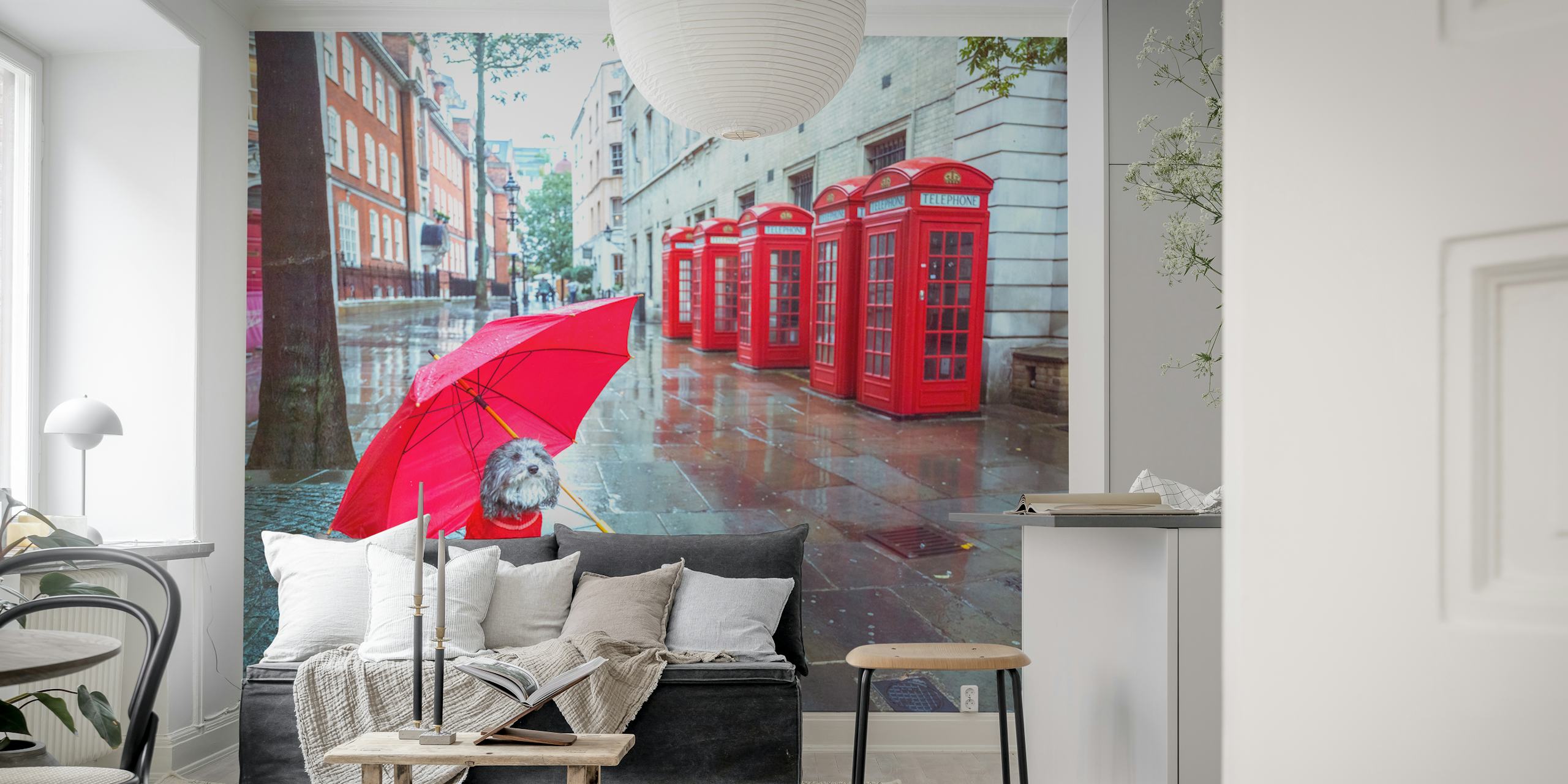 Dog under pink umbrella in London with red phone booths wallpaper