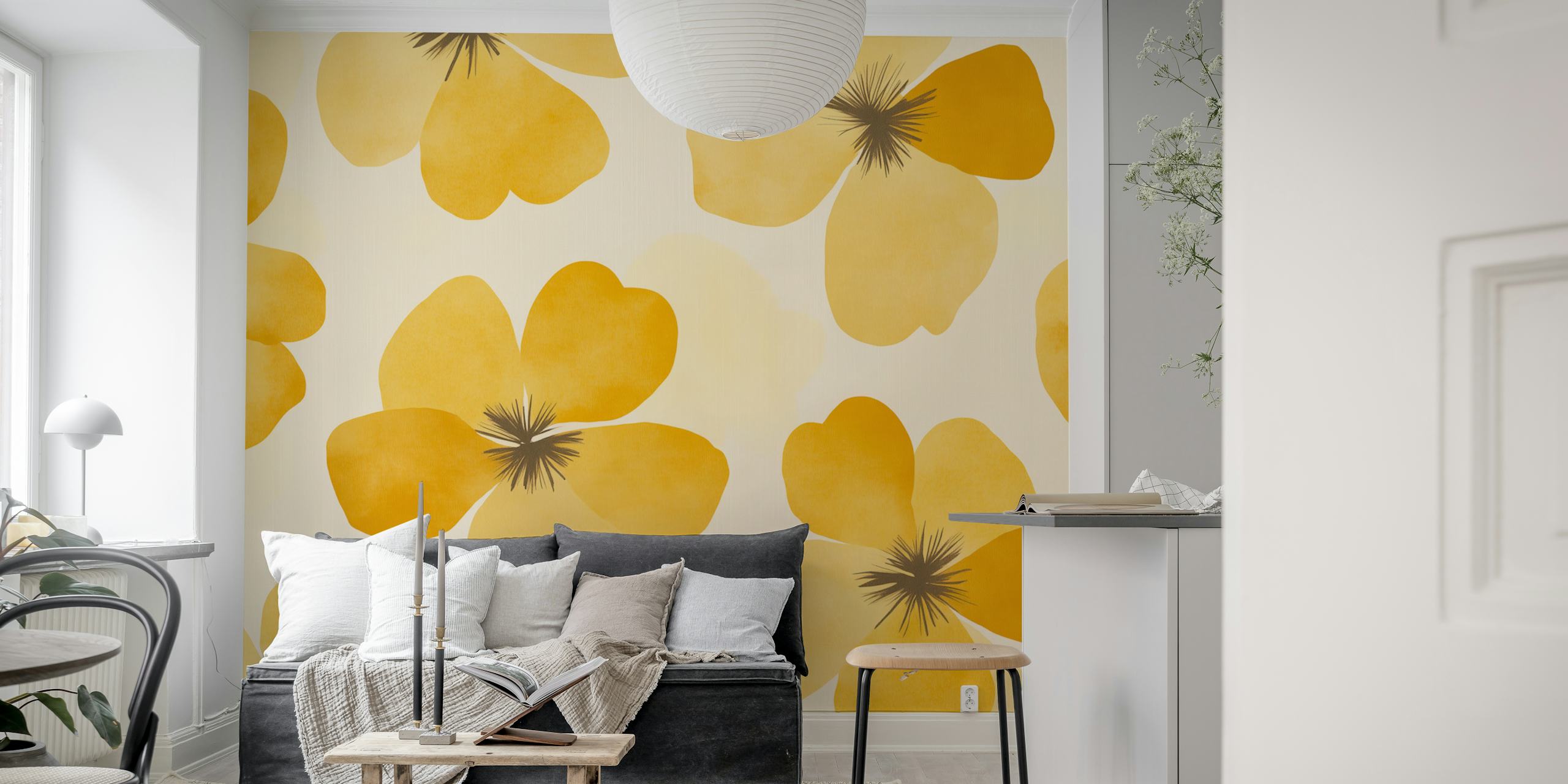 Butter yellow floral wallpaper in a room
