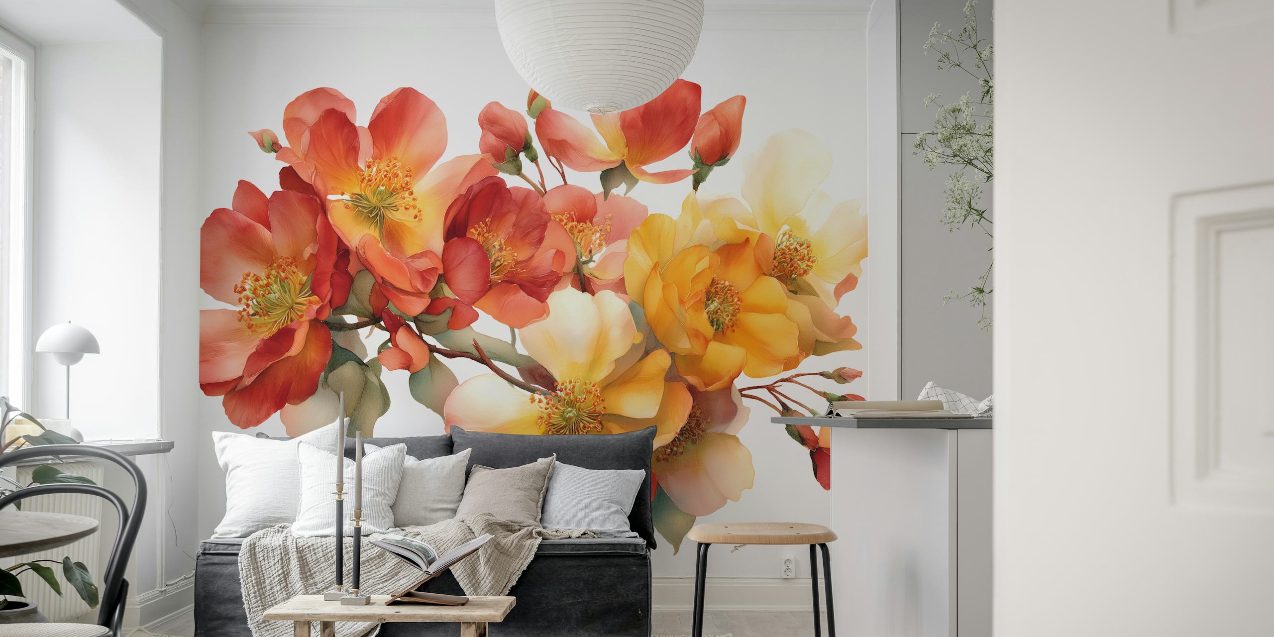 Colorful floral wallpaper featuring orange, yellow, and white flowers