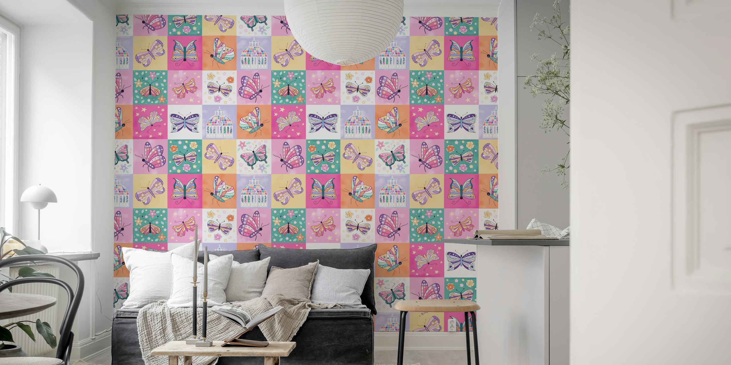 Colorful butterfly illustrations in a patchwork design wallpaper