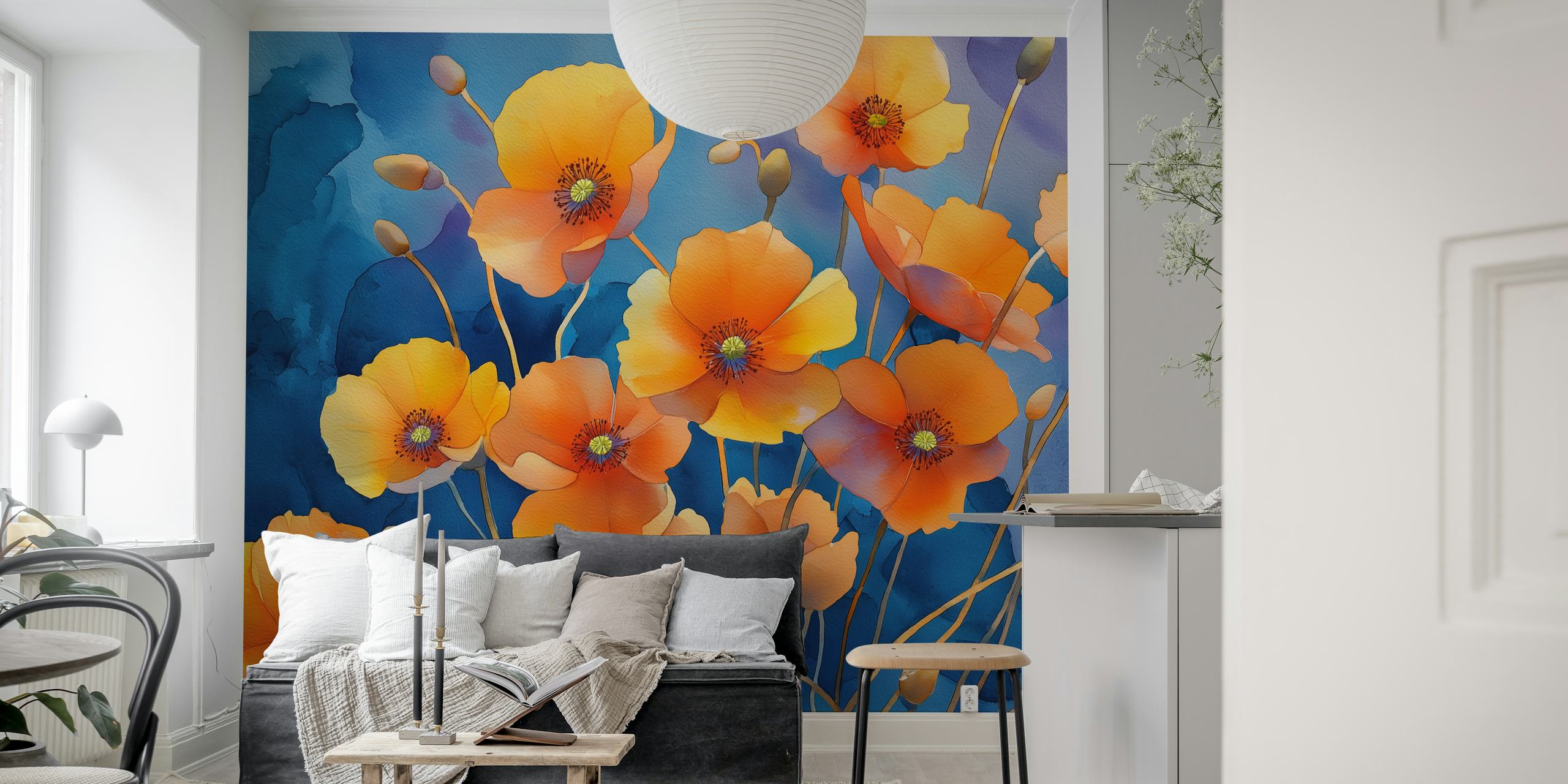Golden Poppy Watercolor tapet i et rom