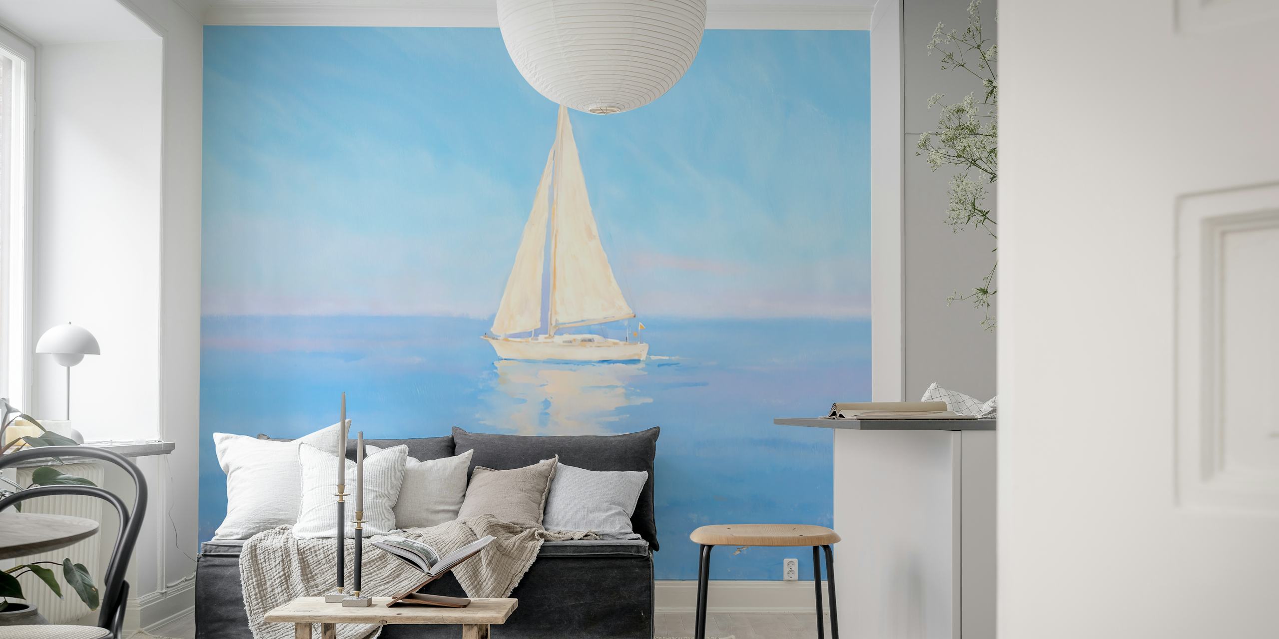 Sailing boat on calm blue water with soft clouds wallpaper