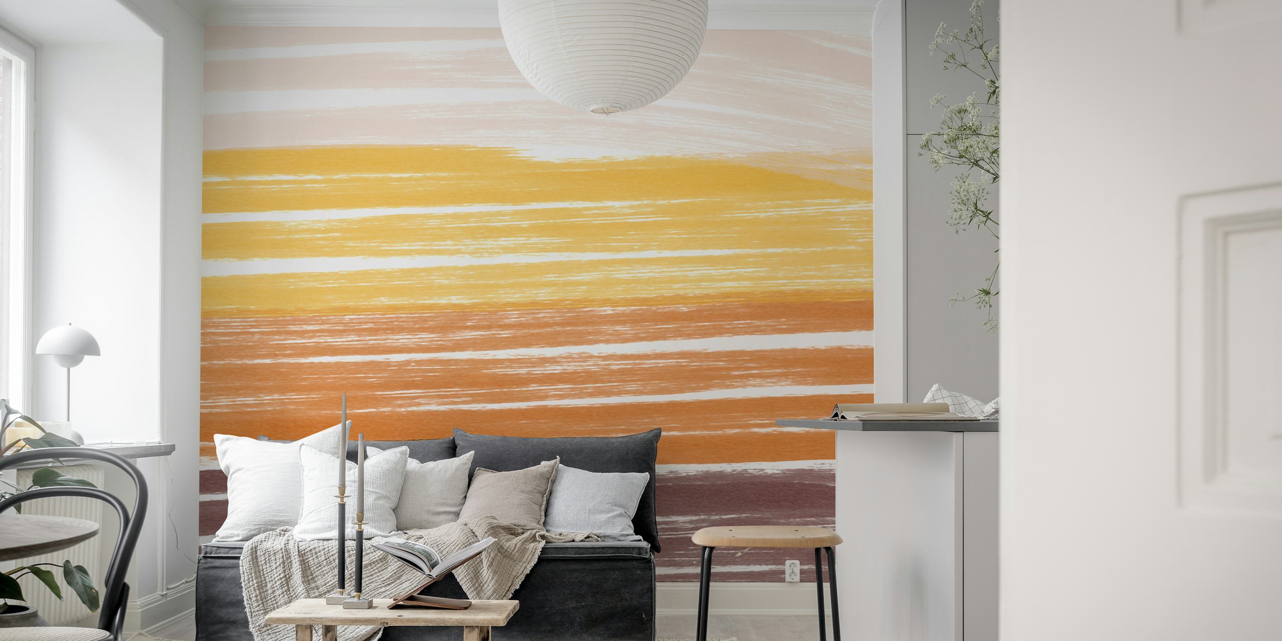 Abstract brush stroke wallpaper in warm yellow, brown, and white tones