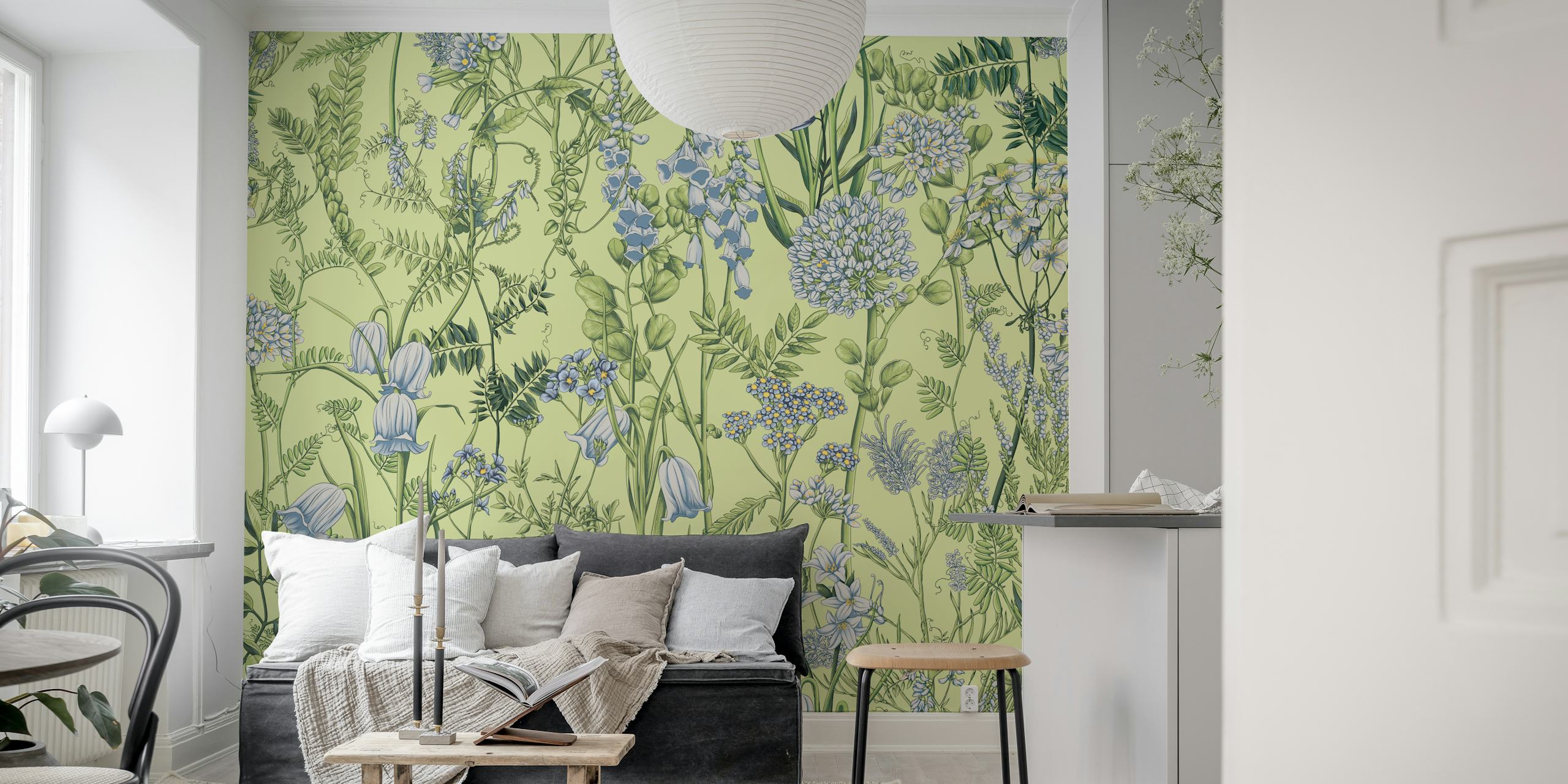 Botanical floral patterns in green and blue tones wallpaper