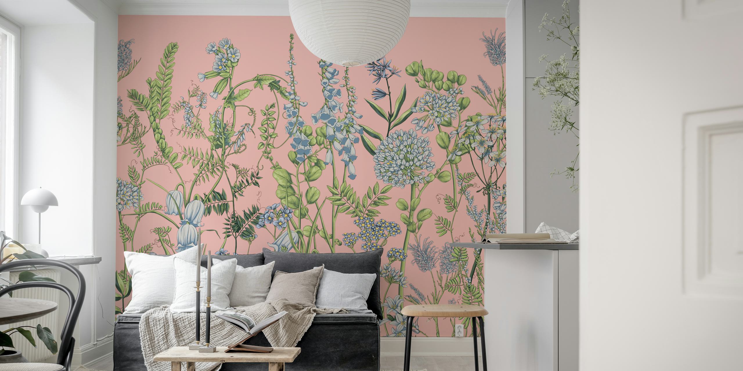 Colorful floral patterns on pink background wallpaper