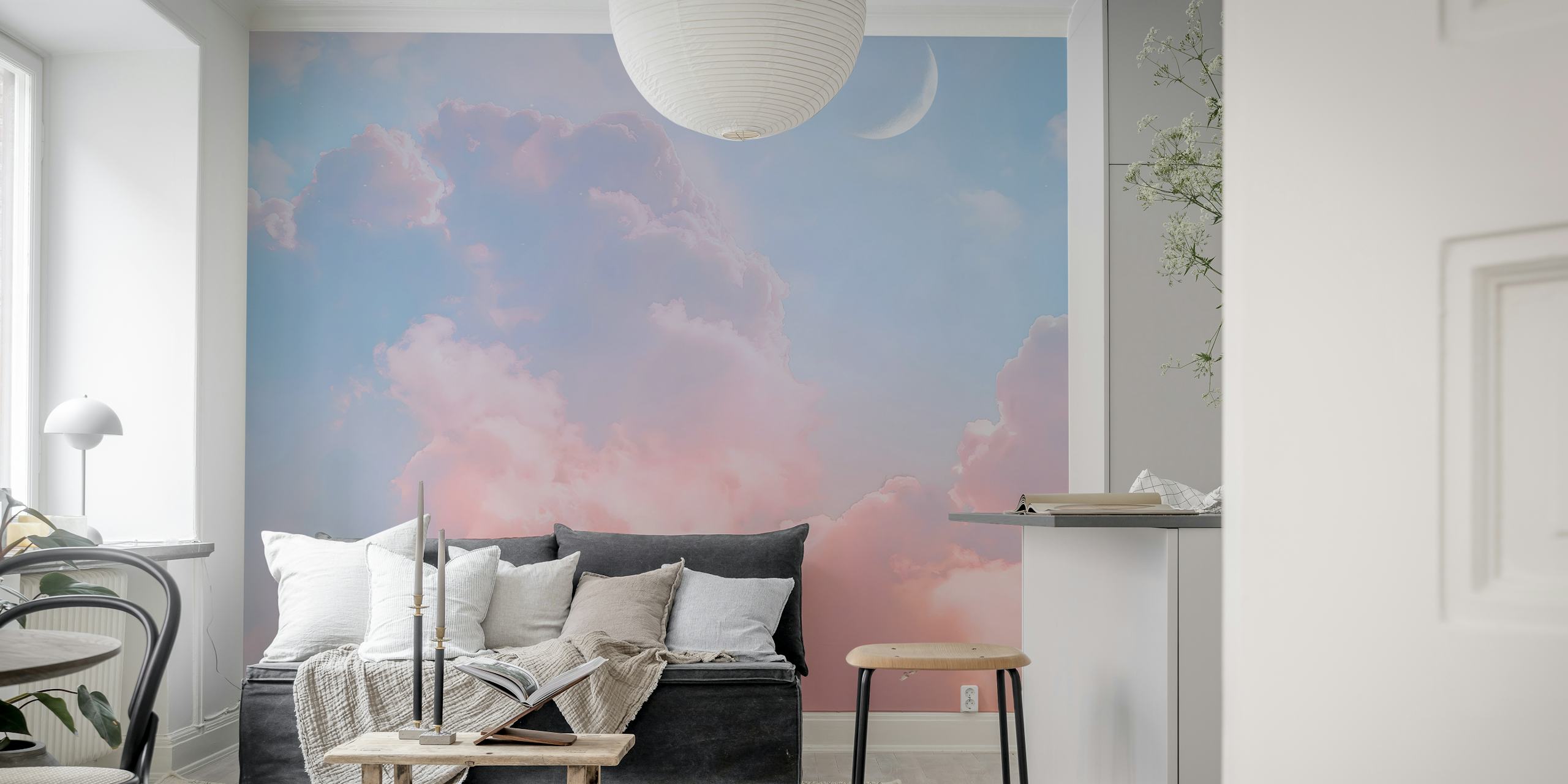 Cloudy pastel sky with pink and blue hues and crescent moon wallpaper