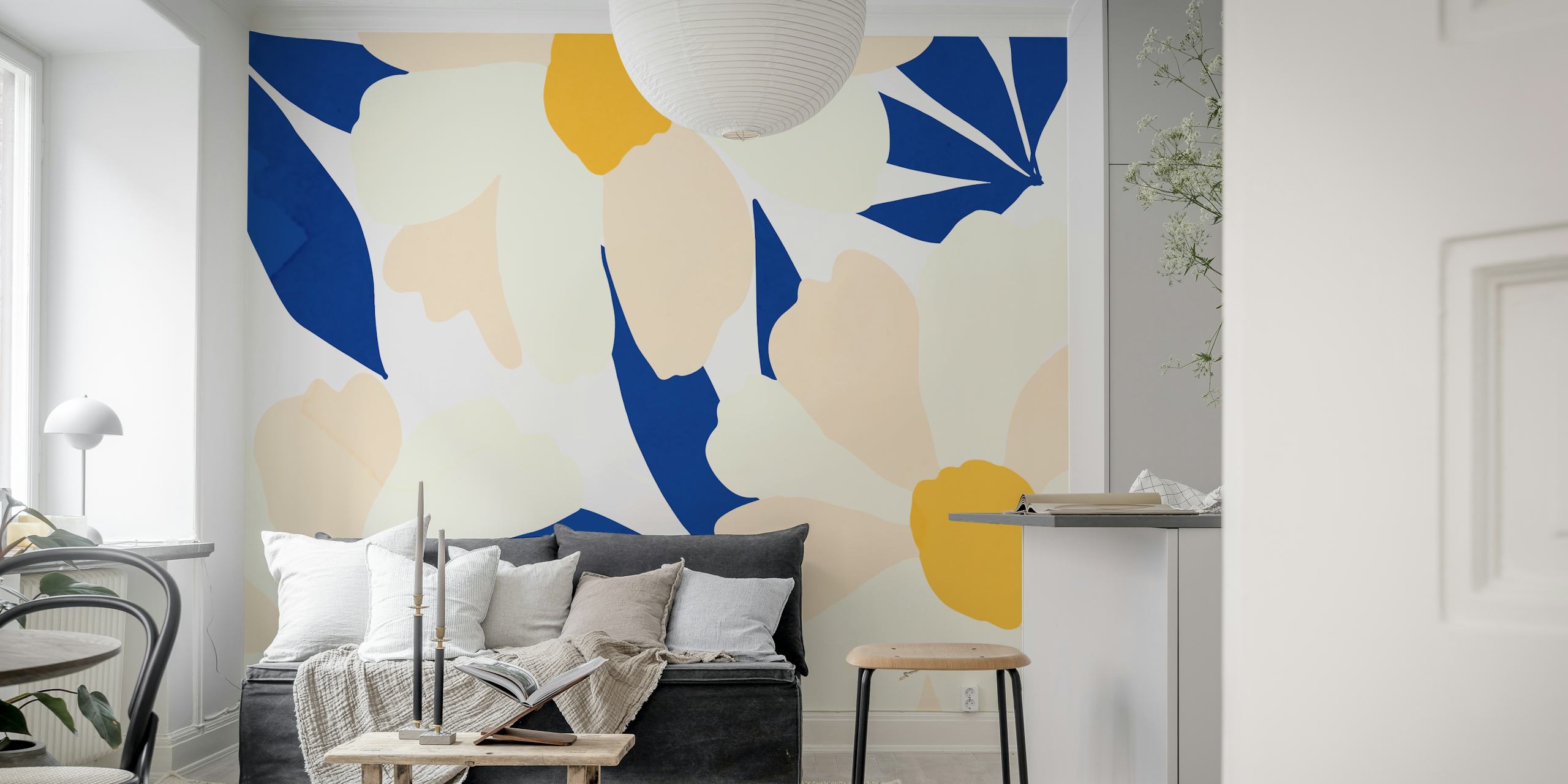 Large cream flowers with yellow centers and navy leaves wallpaper