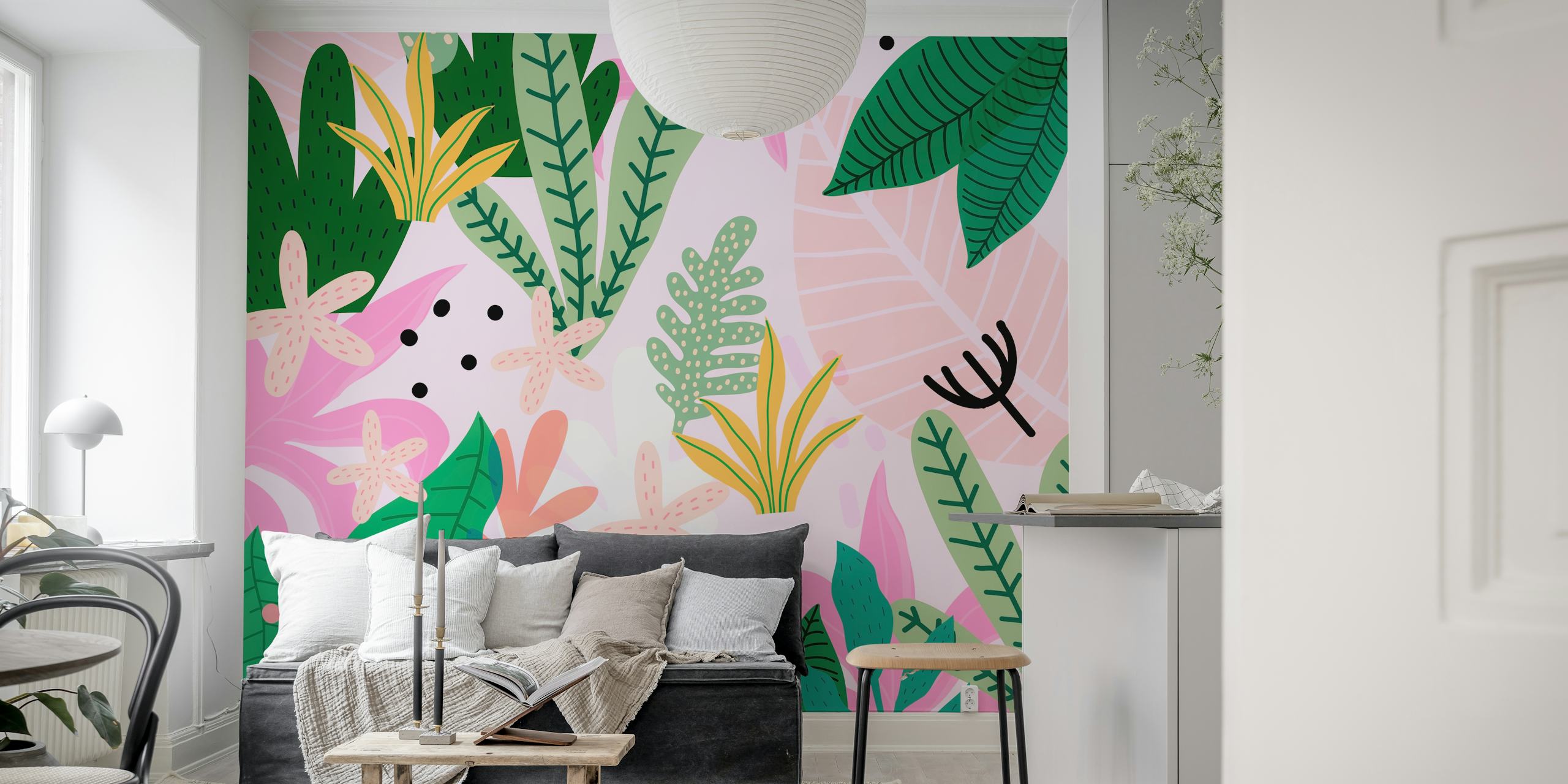 Tropical floral leaves in pink and green colors wallpaper