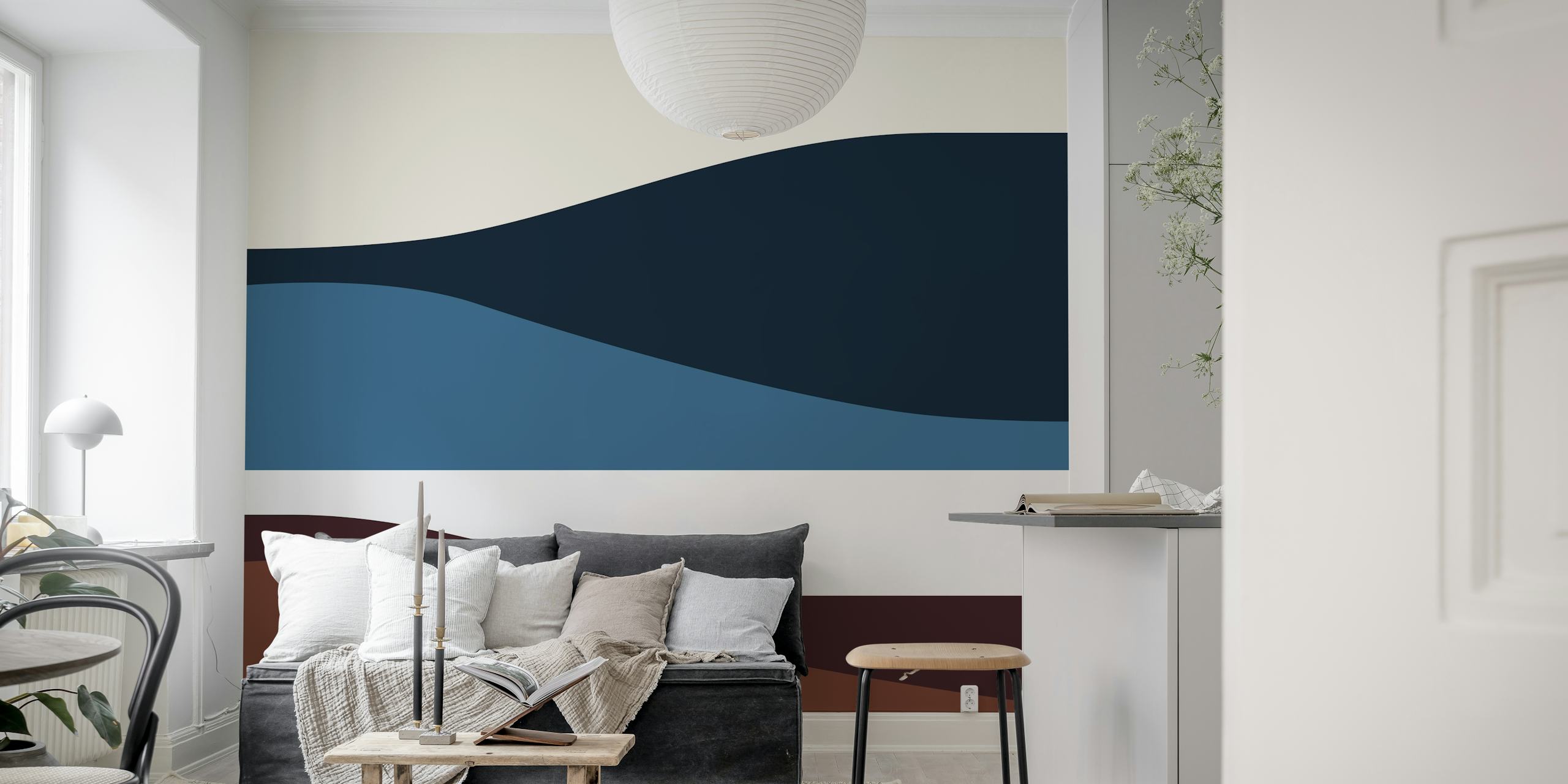 Abstract landscape wallpaper with blue, brown, and cream waves.