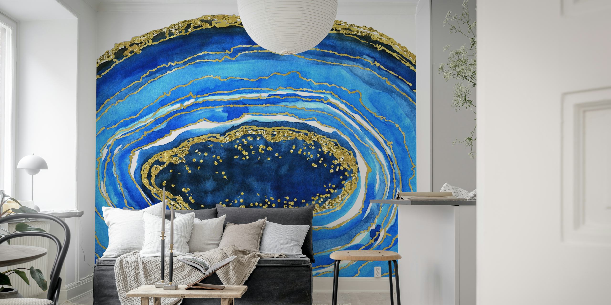 Cobalt blue and gold geode wallpaper in a room