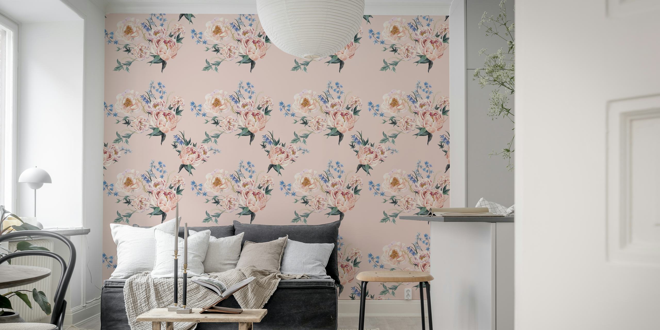 Vintage Floral ~ Rose Ταπετσαρία με Ροζες σε Παλέτα Παστέλ σε Ροζ Φόντο