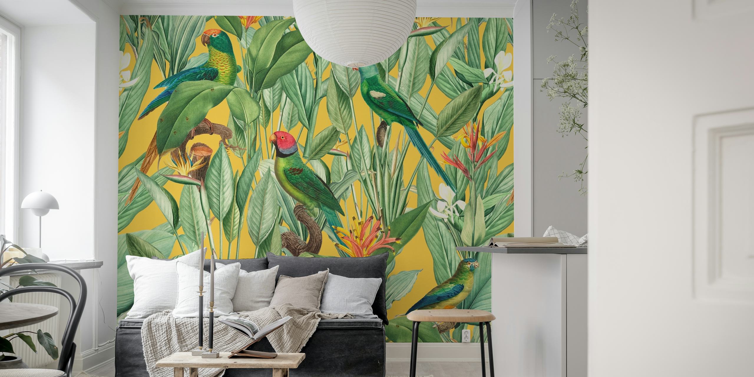 Vintage-style jungle wall mural with tropical birds and foliage on a mustard background