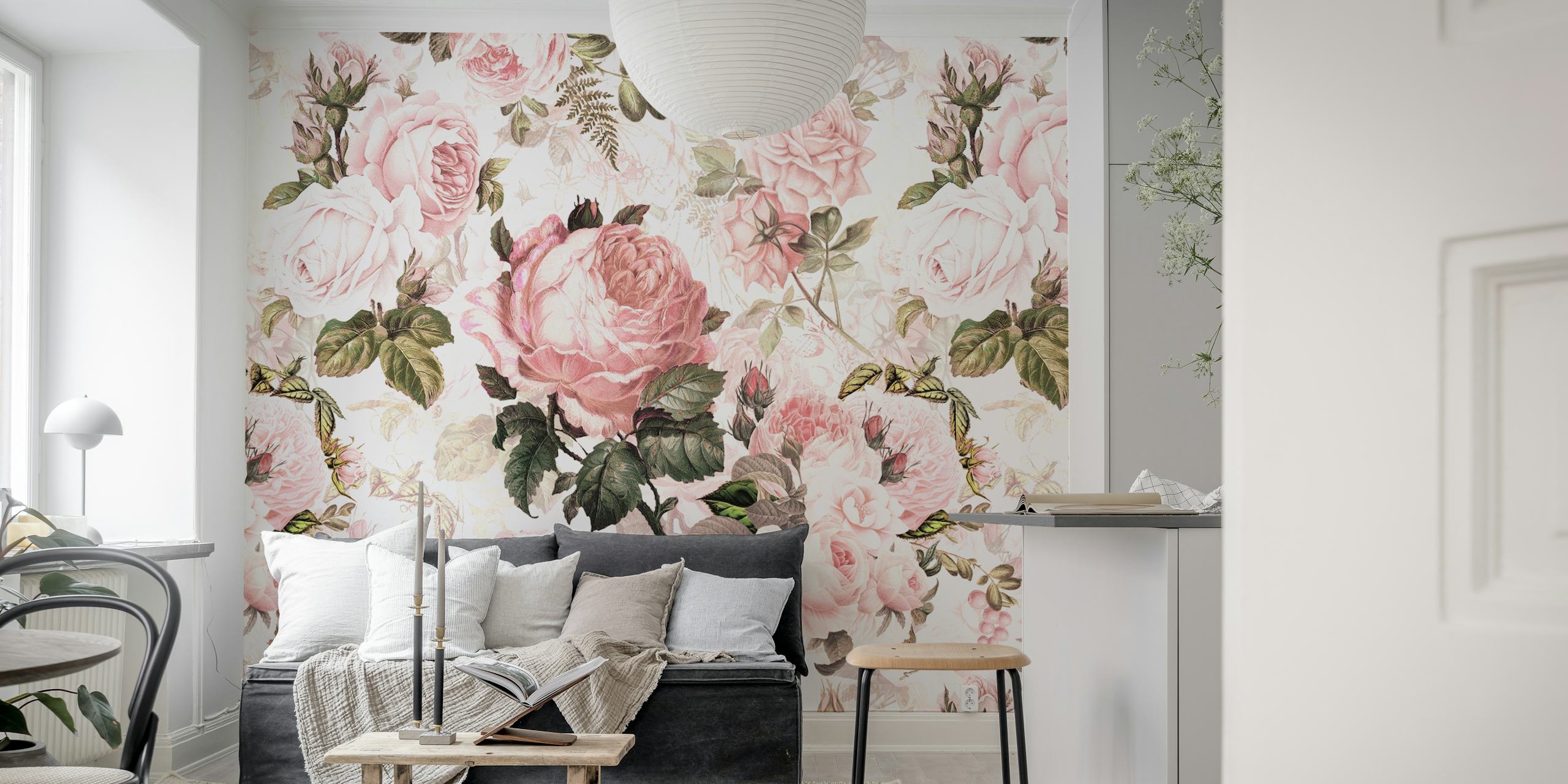 Vintage blush Victorian roses wallpaper featuring pink and green floral patterns