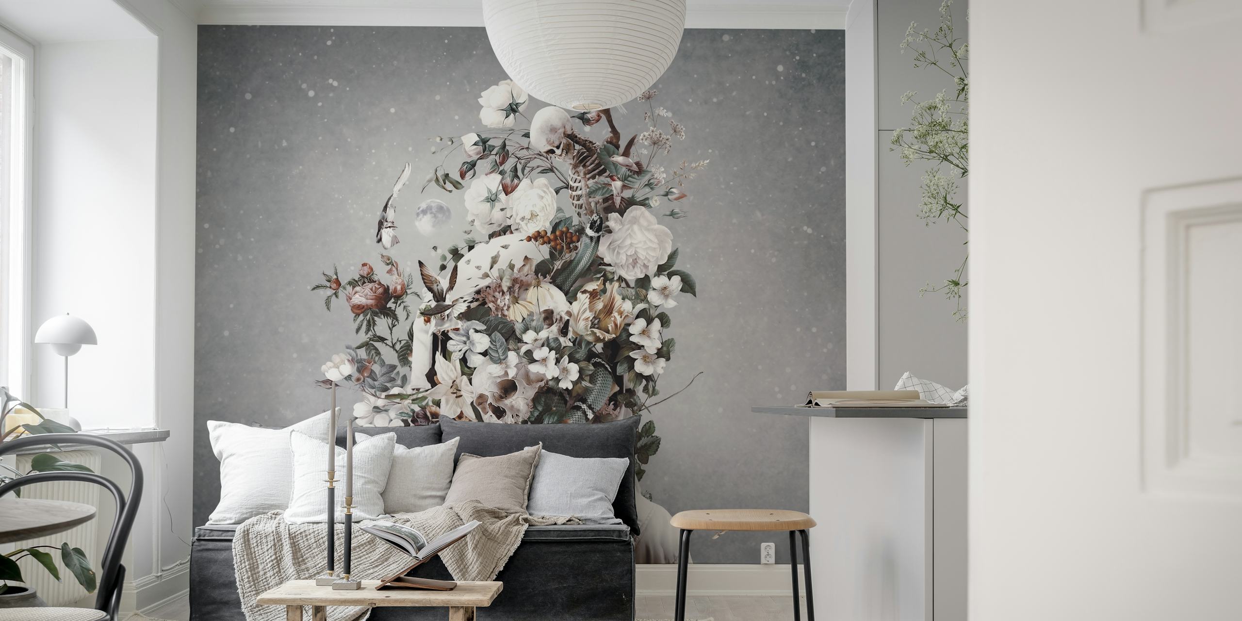 Mural artístico que representa flores fusionándose con un fondo cósmico y de ensueño.