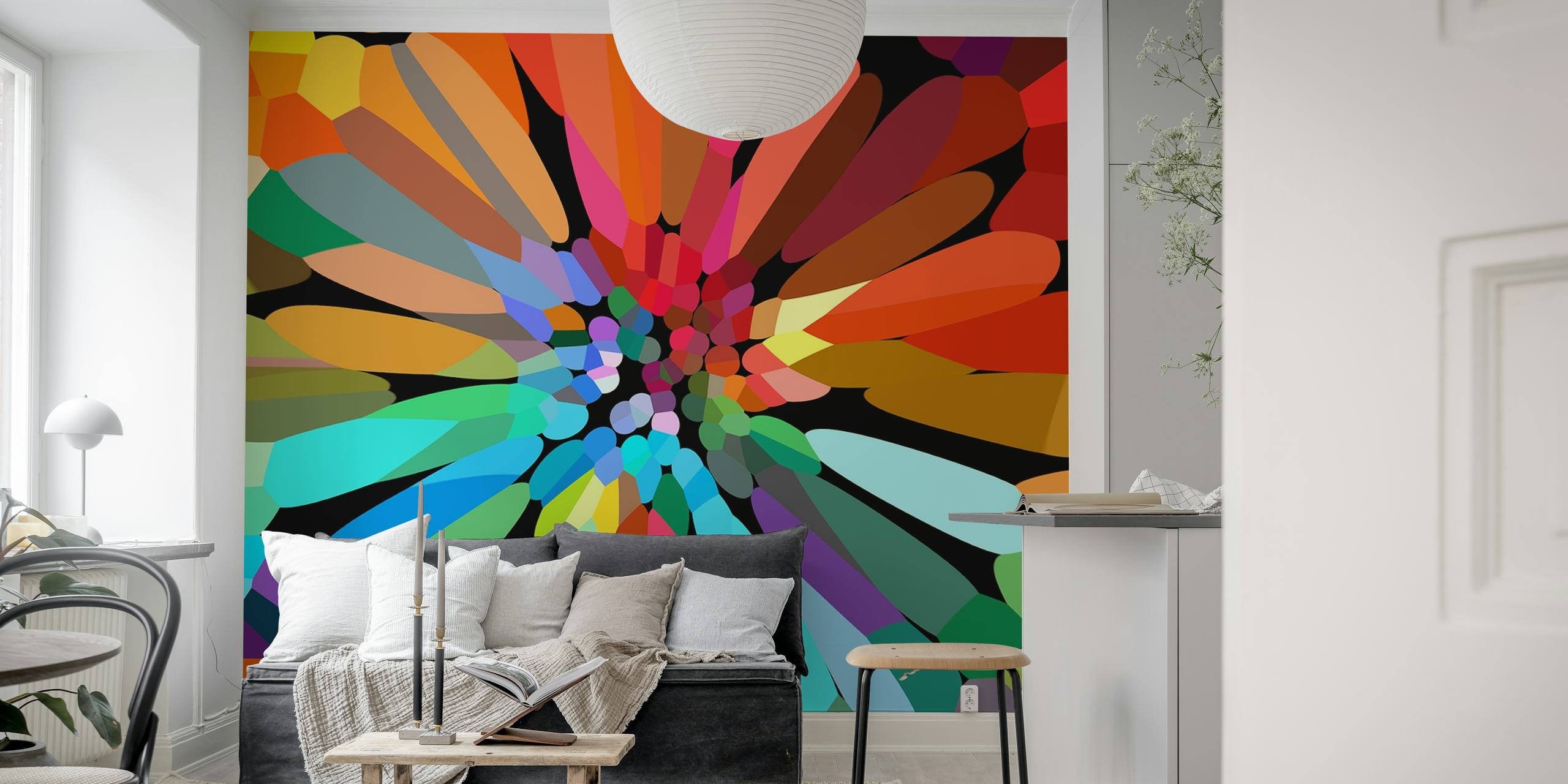 Abstrakti Funky Flower -seinämaalaus, jossa on kaleidoskooppi eloisia värejä ja kukkakuvioita