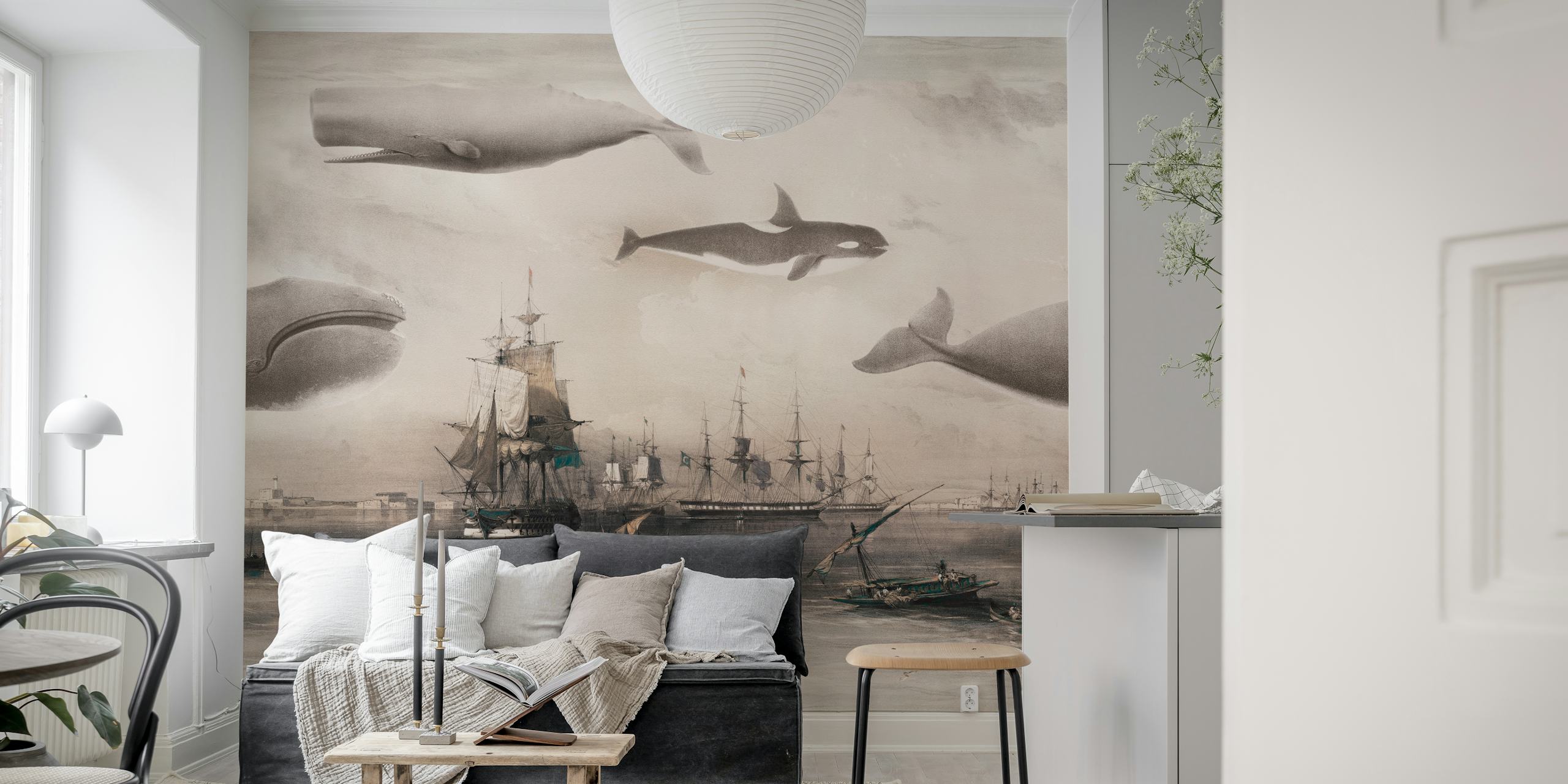 Whales and ships in sepia blue tones wallpaper