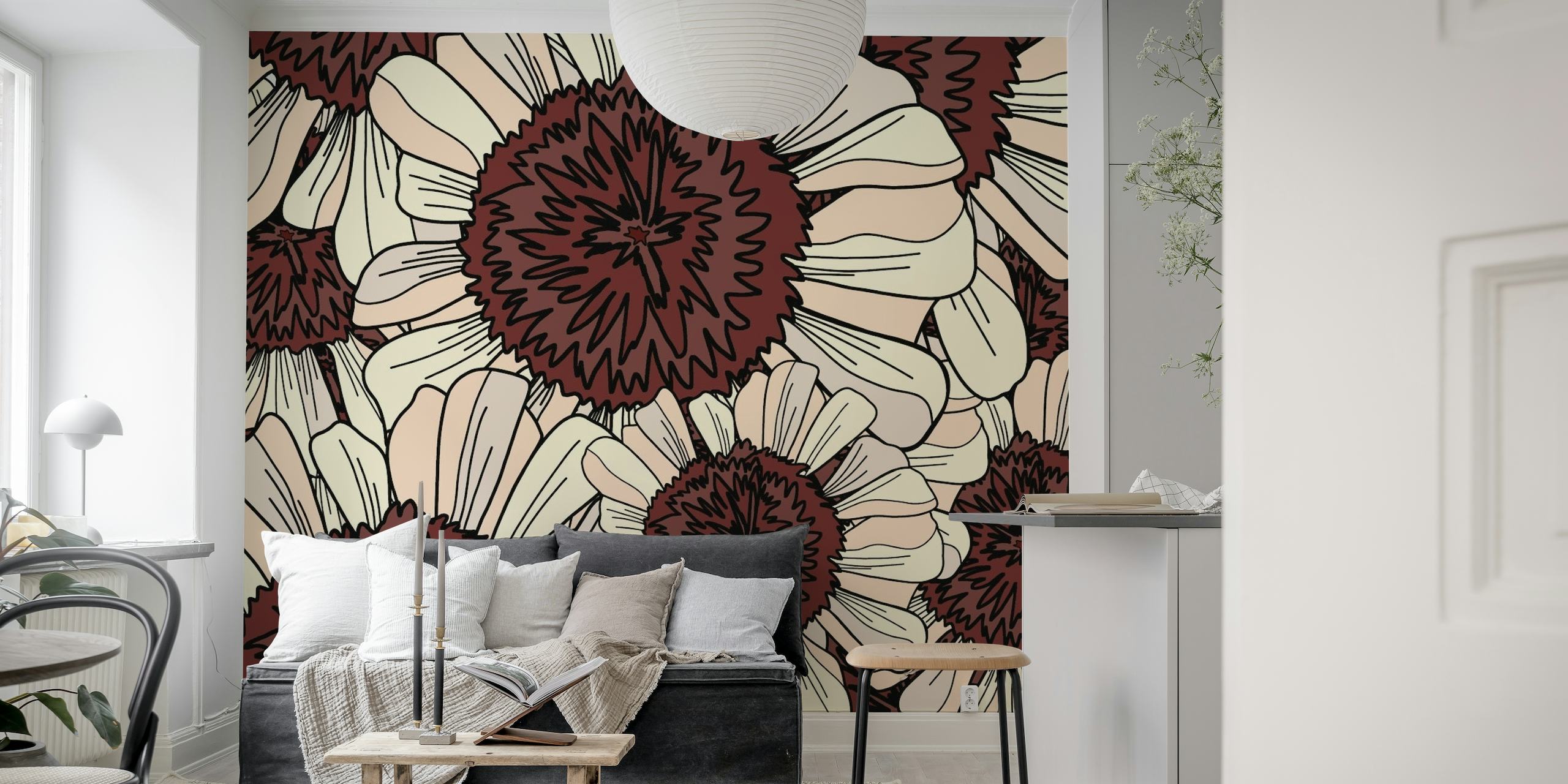 The Autumn Flowers wall mural with burgundy and cream botanical pattern