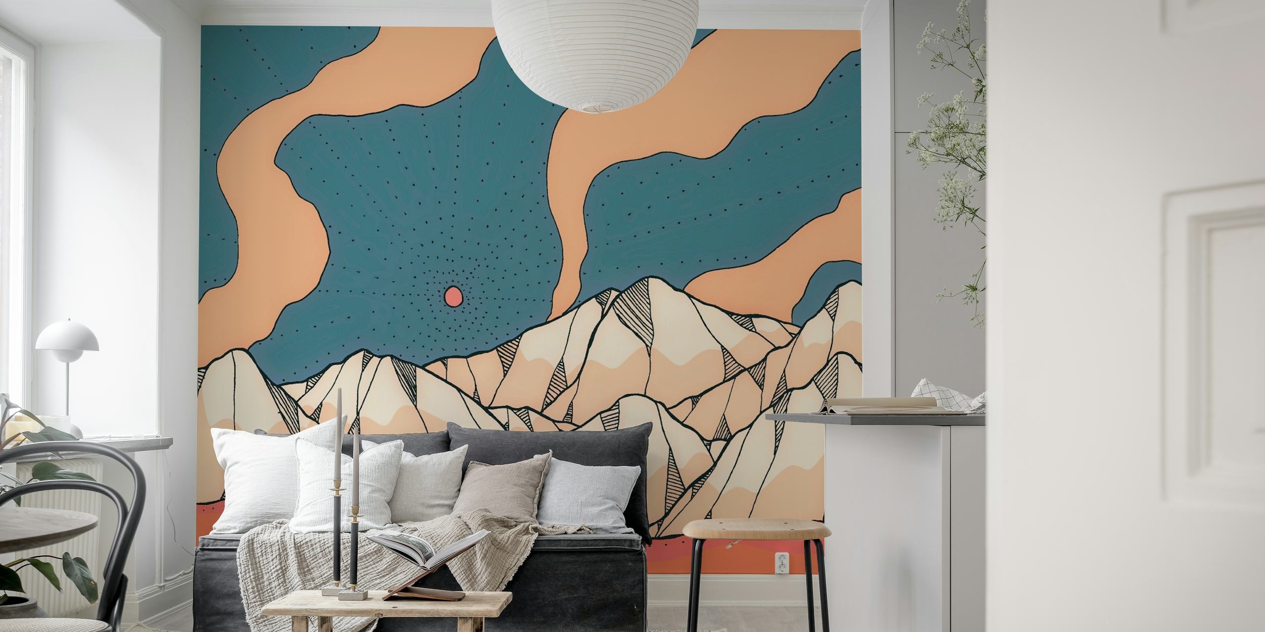 Abstract orange and blue mountainous landscape wall mural