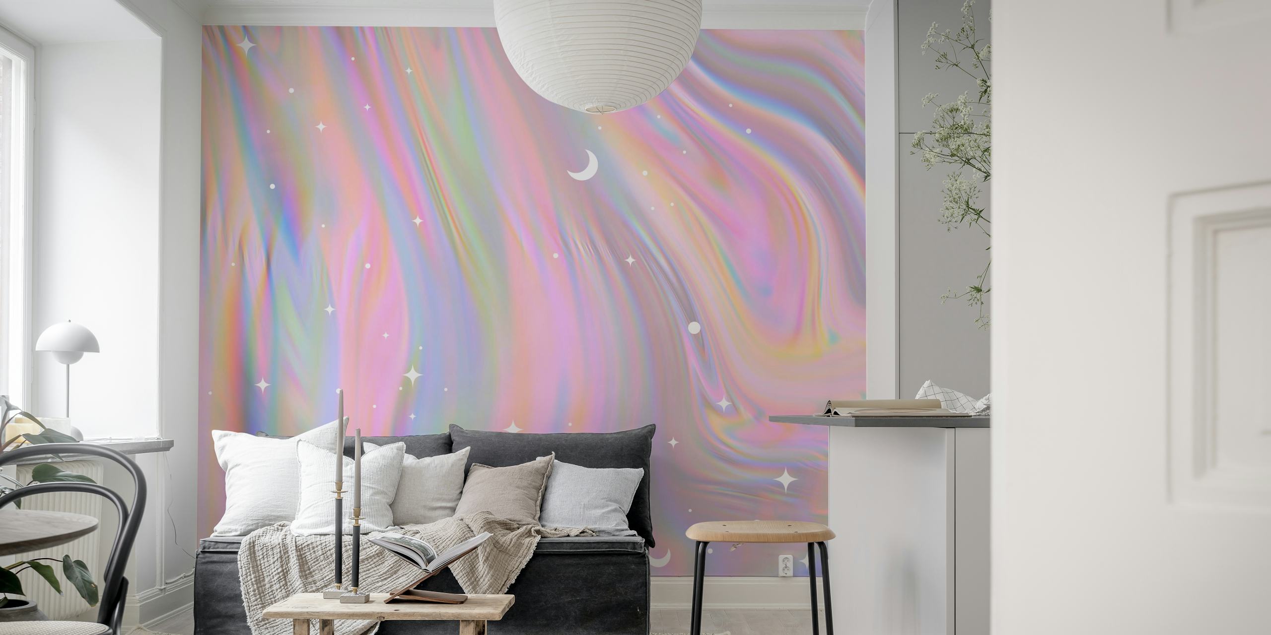 Iridescent swirling pastel colors with stars and moons wallpaper